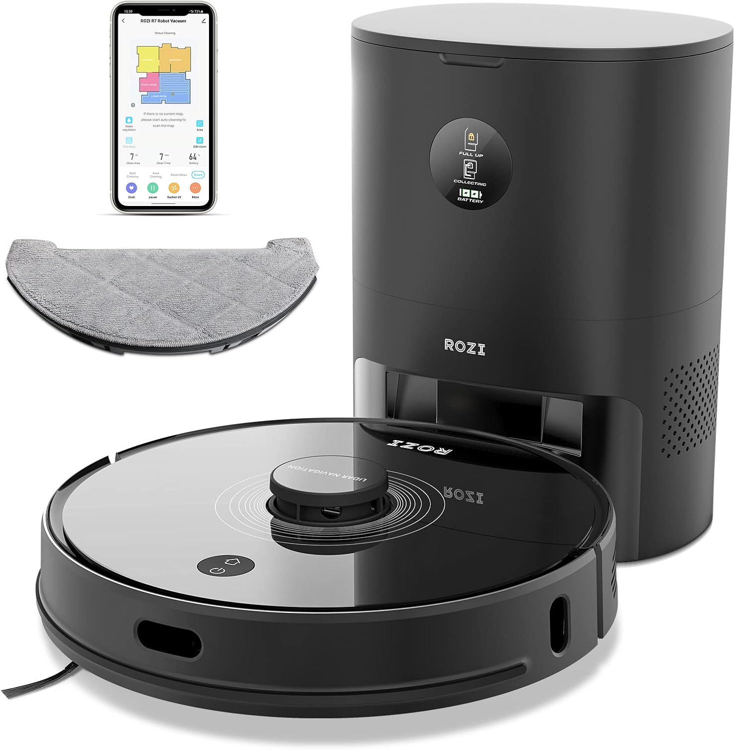 Rozi R7 Robot Vacuum and Mop Combo, Self Emptying Robot Vacuum Cleaner with LIDAR Navigation, Max 3000Pa Suction, App Control, Smart Mapping, Up-to 260mins Runtime for Pet Hair Carpet Hard Floor
