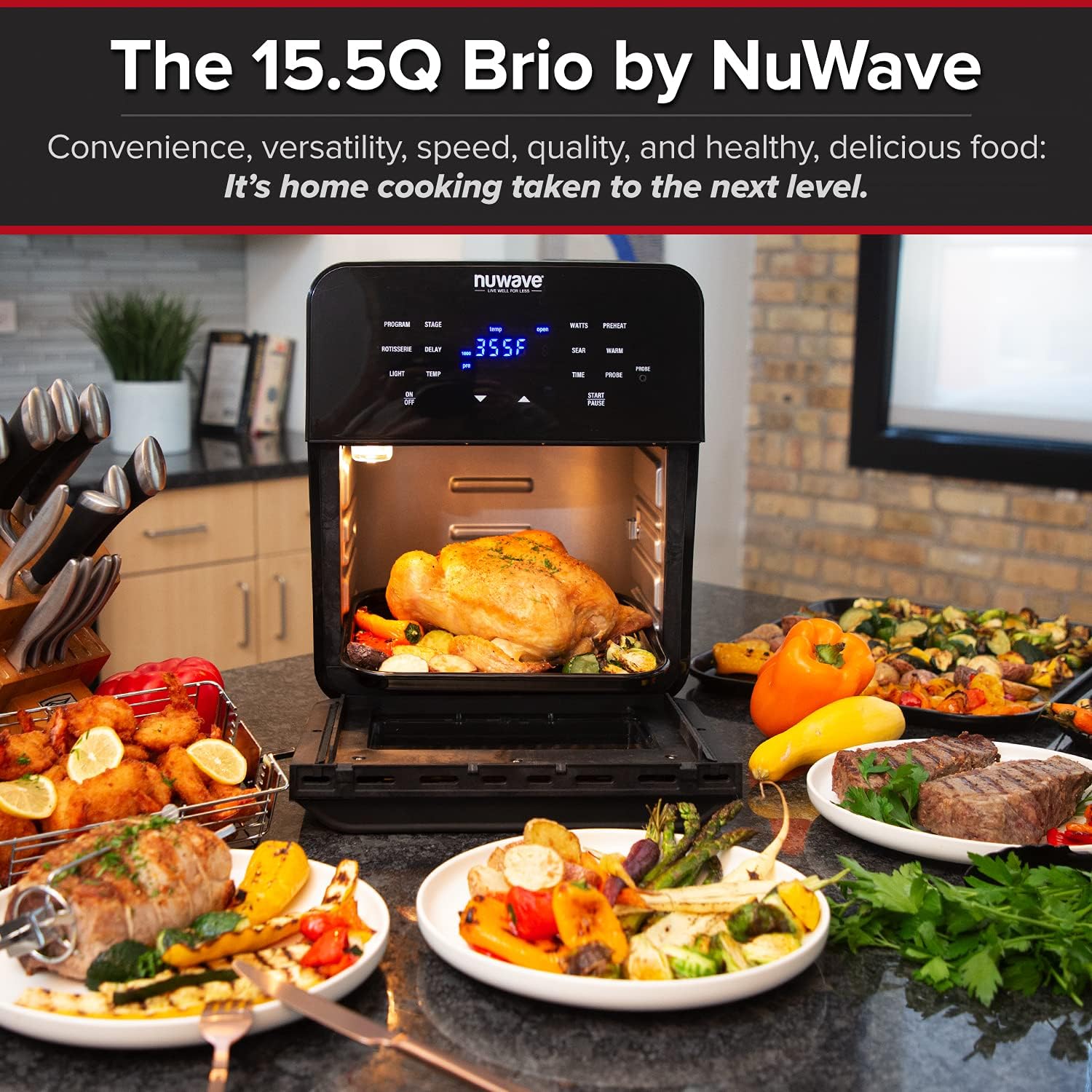 NuWave Brio 15.5-Quart Large Capacity Air Fryer + Grill; Patented Integrated Digital Temperature Probe; 1 Stainless Steel Rack; 1 Mesh Tray; Drip Tray; Rotisserie Kit; Sear, Stage, Preheat, Rotisserie