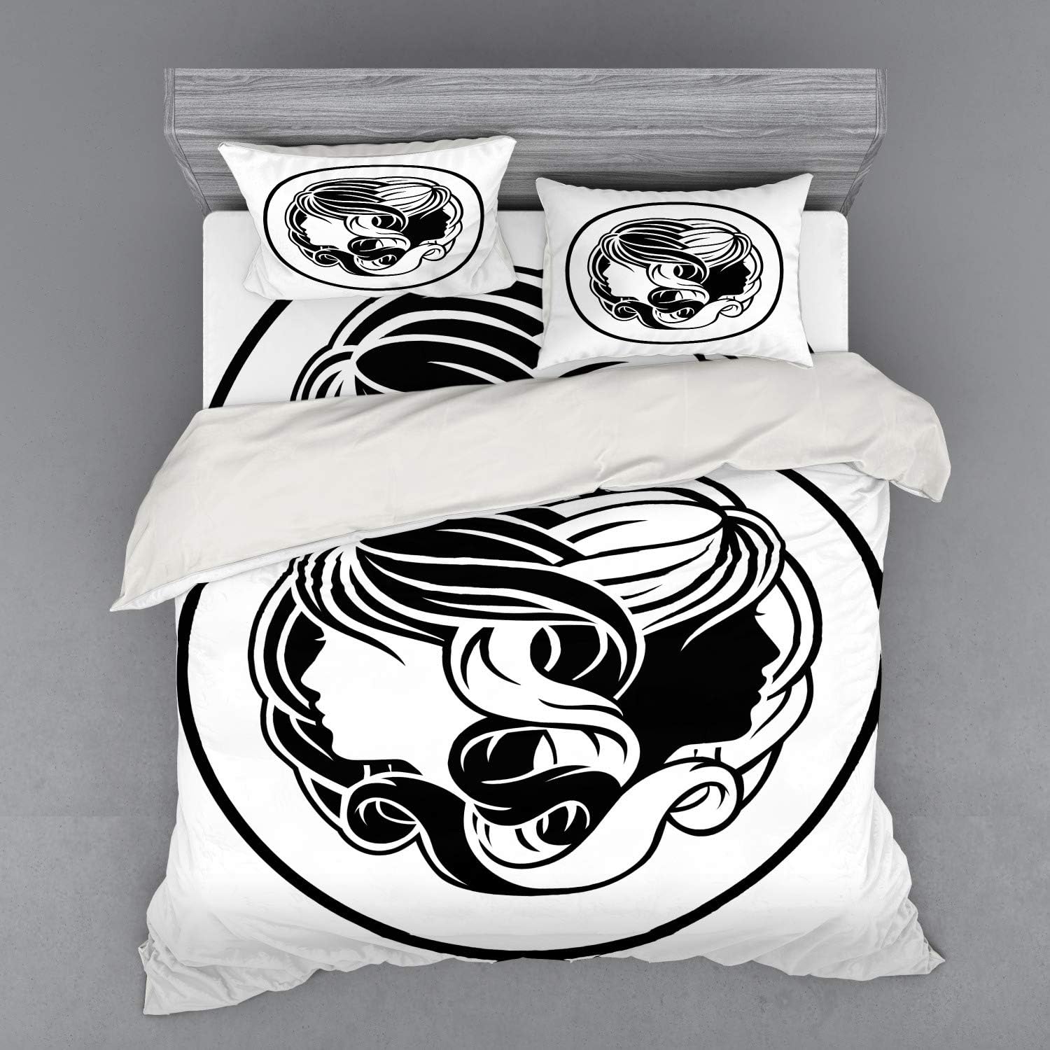 Lunarable Gemini Duvet Cover Set, Modernistic Design Monochrome Style Girl Silhouettes Tangled Hair in Circle, 4 Piece Bedding Set with Shams and Fitted Sheet, King Size, Black and White