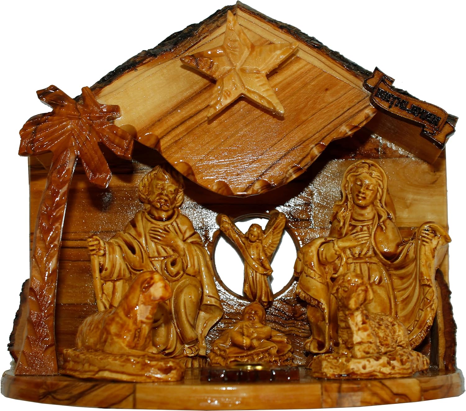 Holy Land Market Musical Olive Wood Nativity Set with Rustic Stable (Bark Roof) - Glued Alabaster Pieces (6.5 Inches) Pack of 2