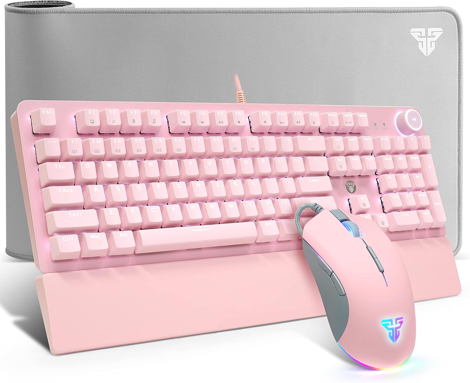 Mechanical Keyboard & Mouse & Mousepad Gaming Kit, RGB Macro Wired 104 Keys Blue Switch Wrist Rest Mechanical Keyboard 10000 DPI Programmable Mouse Large Mouse Pad (31.5x12In) Advanced Combo, White