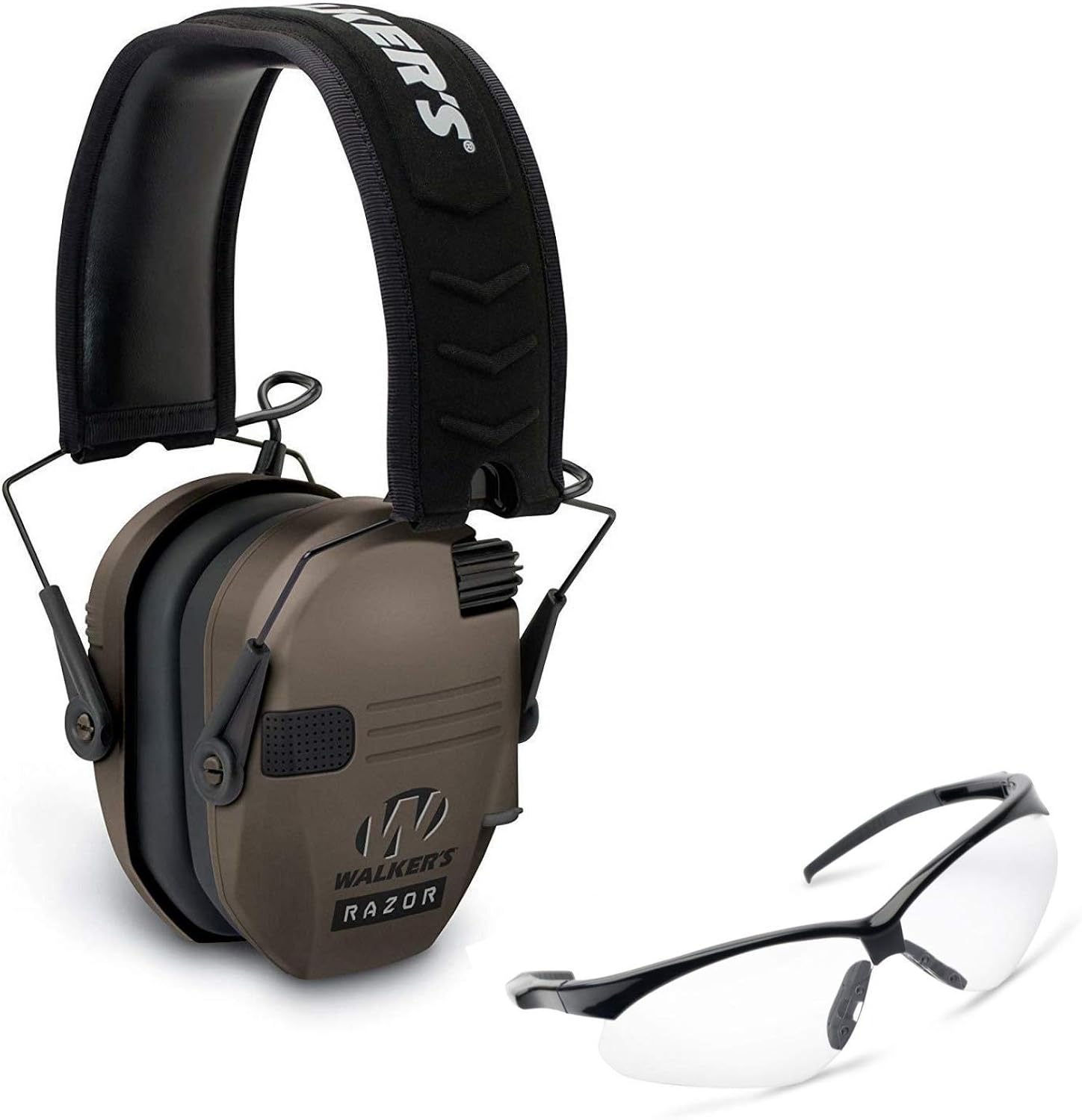 Walker’s Razor Slim Electronic Muff (FDE Tan) with Shooting Glasses (Clear) Bundle (2 items) Pack of 2