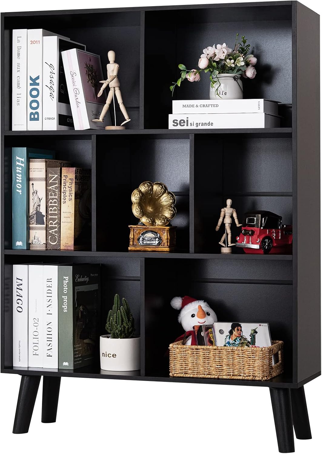 Black Bookshelf,3 Tier Modern Bookcase with Legs,Bookshelves Wood Storage Shelf,Rustic Open Book Shelves Cube Organizer,Free Standing Display Short Bookcases for Small Space,Bedroom,Living Room,Office