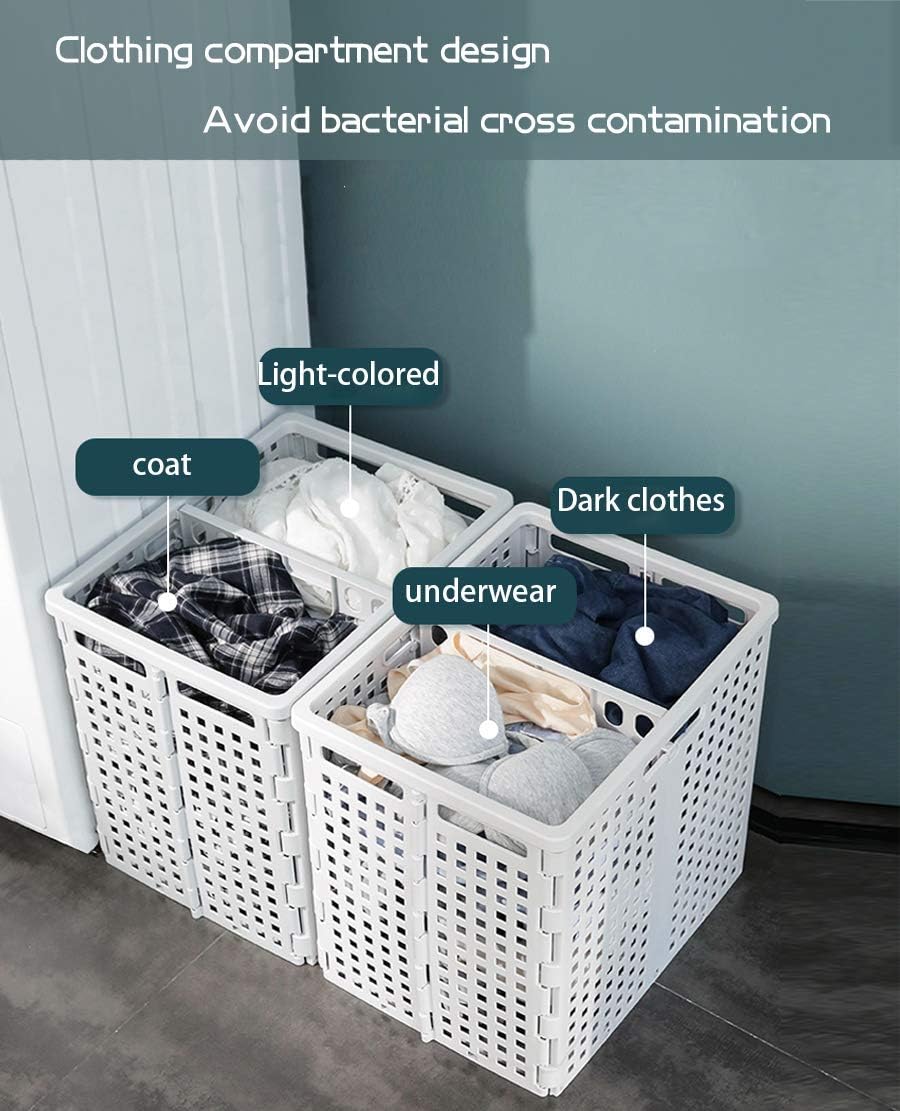 Foldable Plastic Laundry Basket, Large Double Compartment Laundry hamper, mesh Laundry Baskets with Handle, Portable and Washable Laundry Basket Pack of 2