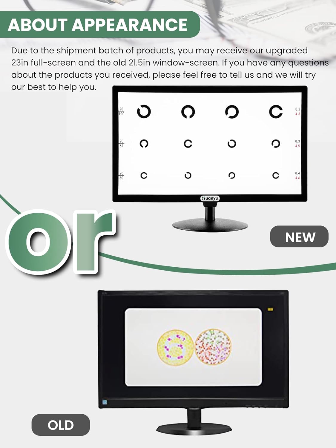 Huanyu Visual Acuity Chart Digital 23inch LCD Electronic Optical Eye Charts with 44+ Visual Targets and 5 Display Methods Optometry Tester Projector with Remote