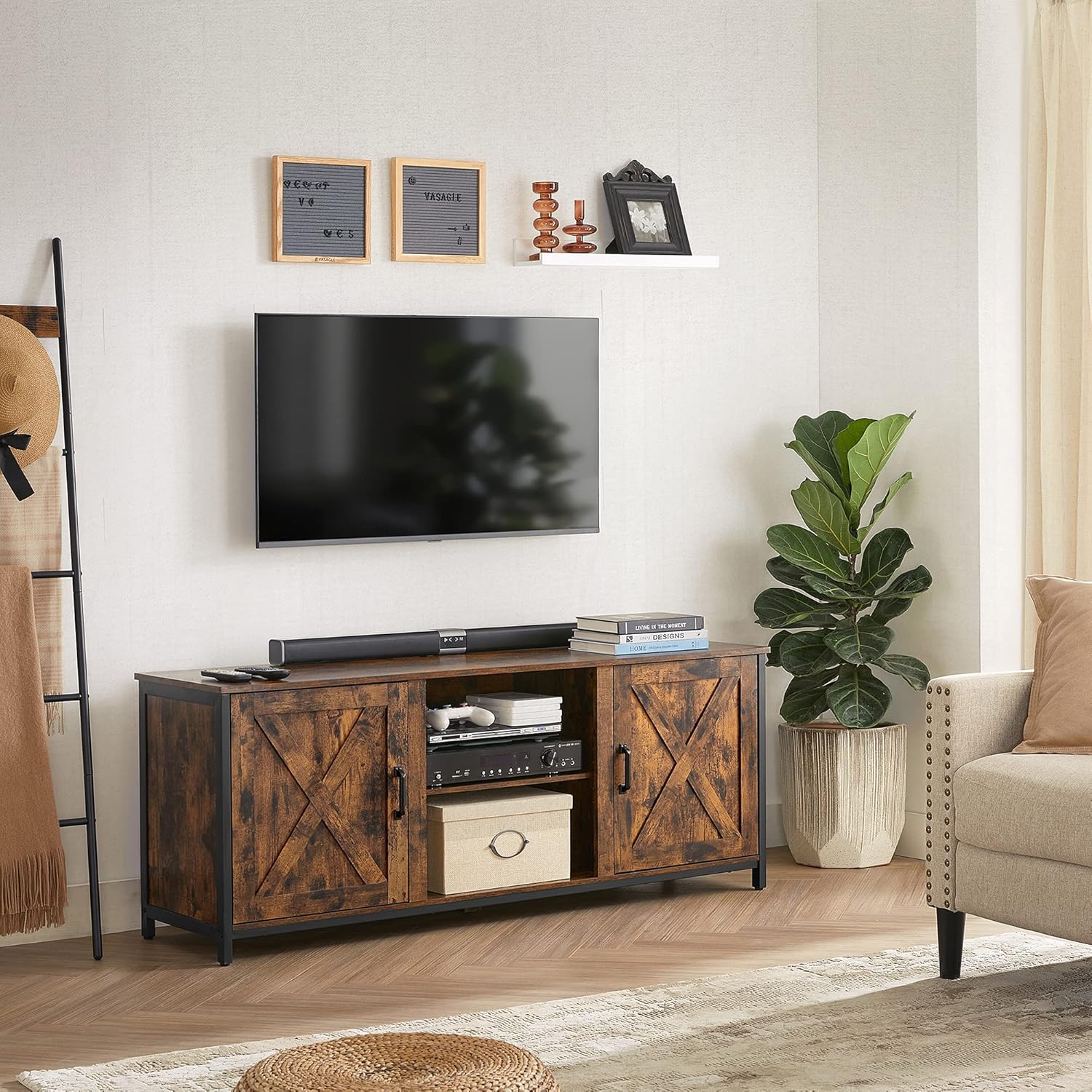 VASAGLE TV Cabinet with Farmhouse Barn Doors, TV Stand for 65 Inch TV, TV Console Table with Adjustable Shelves, Industrial, Rustic Brown and Black ULTV307B01