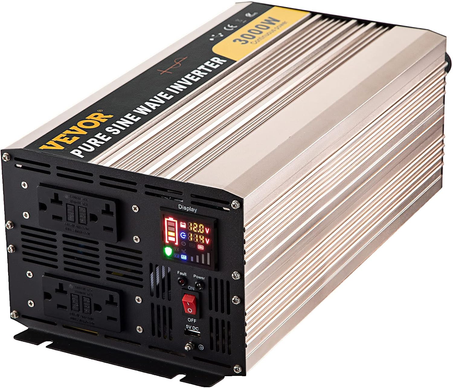 VEVOR Pure Sine Wave Inverter, 3000 Watt Power Inverter, DC 12V to AC 110V Car Inverter, with LCD Display, 5V USB Port, AC Outlets (GFCI) Power Converter, for Car, RV Truck,Solar System,Travel Camping