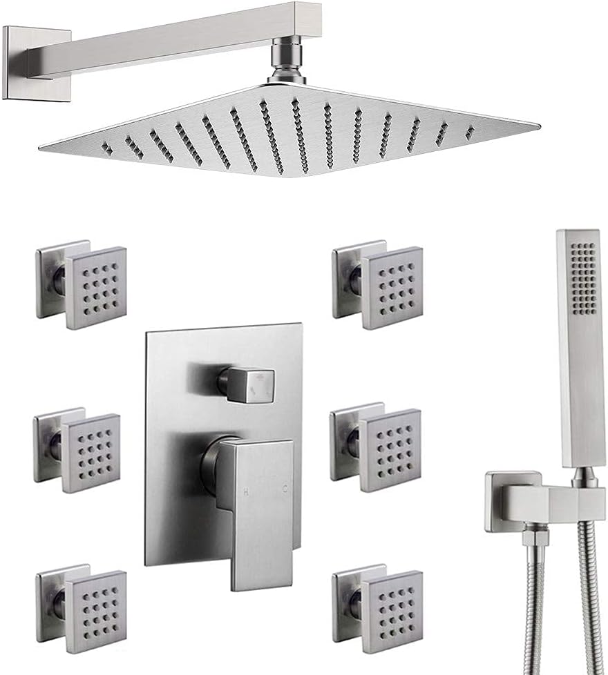 Enga Rain Shower System with Jets 12 Inch Square Rain Shower Mixer Faucet Combo Set, Black