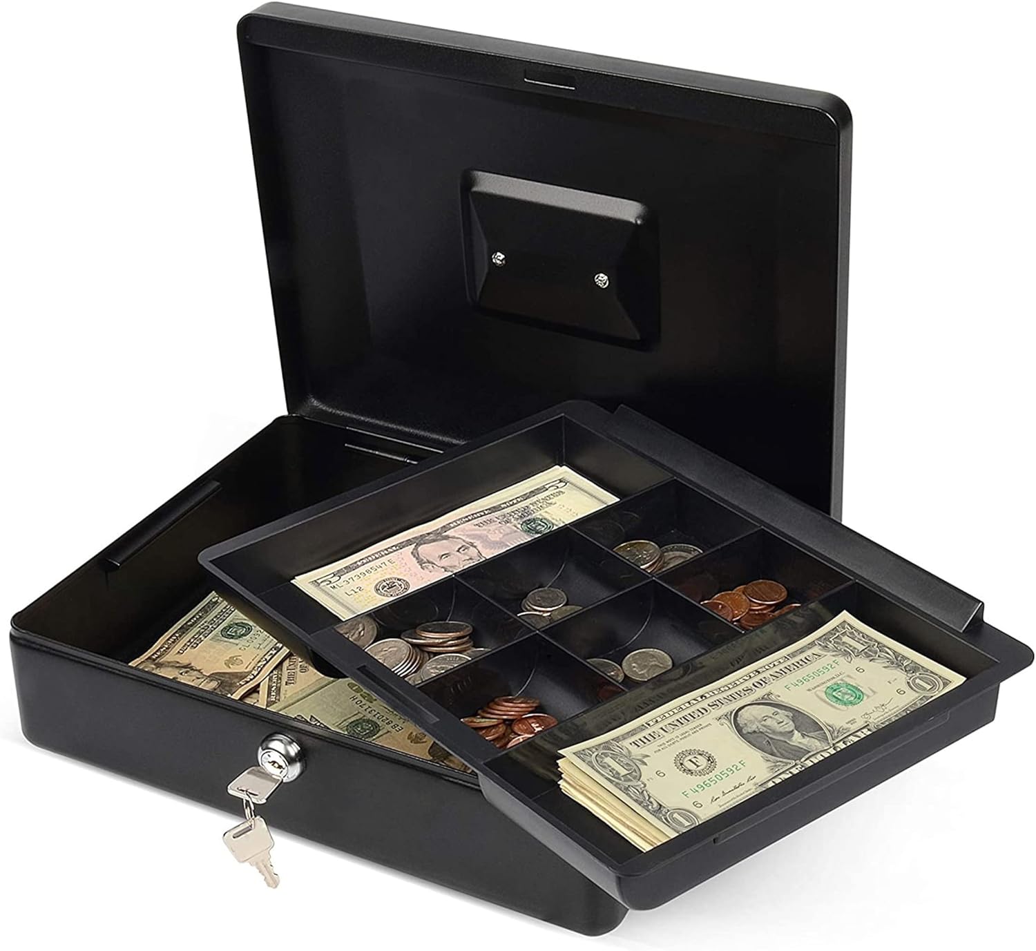 Carl Locking Large Metal Cash Box with Money Tray, Lock Box, Black (CB-2112) Pack of 2