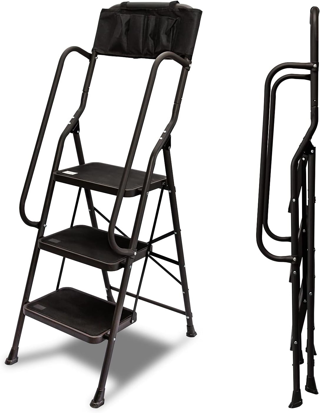 FOOWIN Folding 3-Step Ladder Stool,Step Stools for Adults Portable Step Ladder with Steel Wide Anti-Slip Pedal &Convenient Handgrip &Attachable Tool Bag for Kitchen,Office,Household (3-Step)