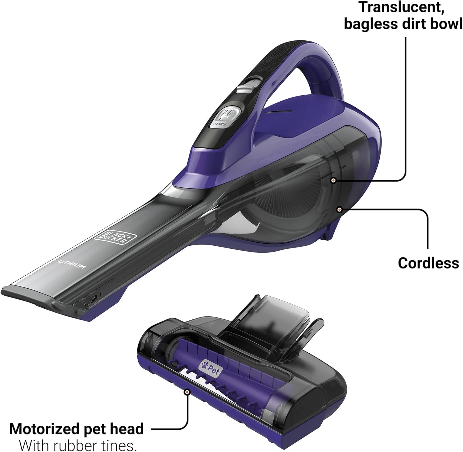 BLACK+DECKER dustbuster AdvancedClean Pet Cordless Handheld Vacuum with Motorized Head, Purple (HLVA325JP07)