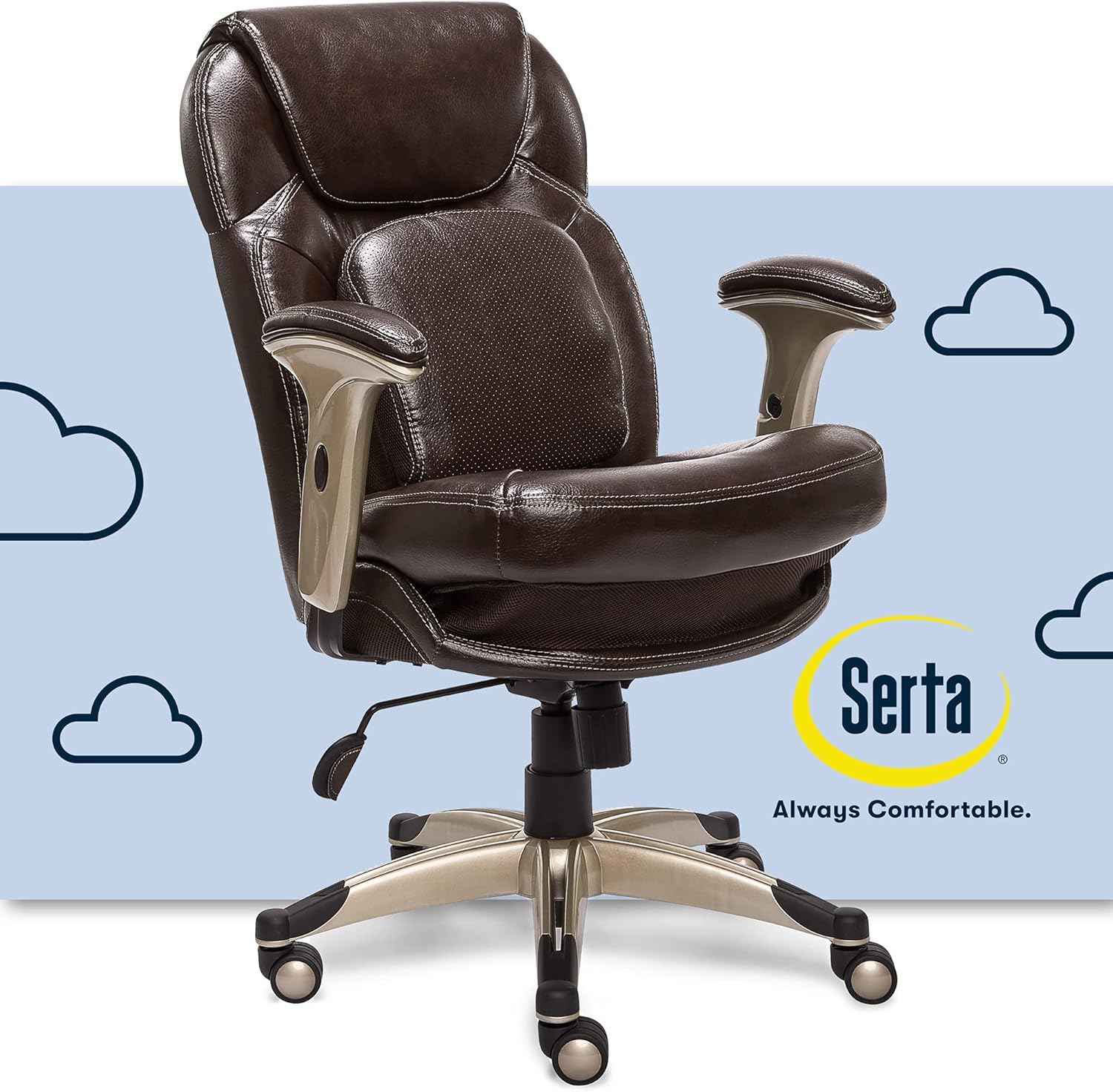 Serta Ergonomic Executive Office Chair Motion Technology Adjustable Mid Back Design with Lumbar Support, Brown Bonded Leather