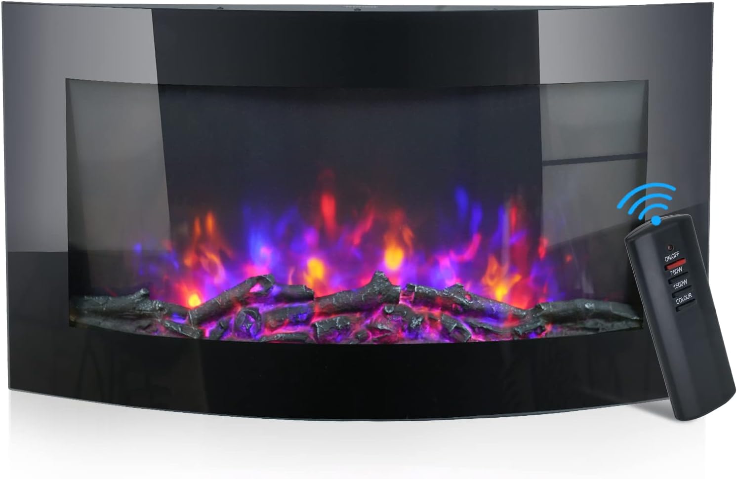 sunseen 36 Inches Elite Mounted Electric Fireplace , 750/1500W Curved Screen Fireplace Heater with Realistic 7 Color Flame, Remote Control, Black (Log)