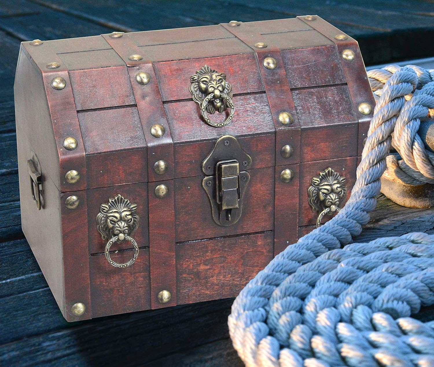 Vintiquewise Antique Wooden Pirate Treasure Chest with Lion Rings and Lockable Latch, Black
