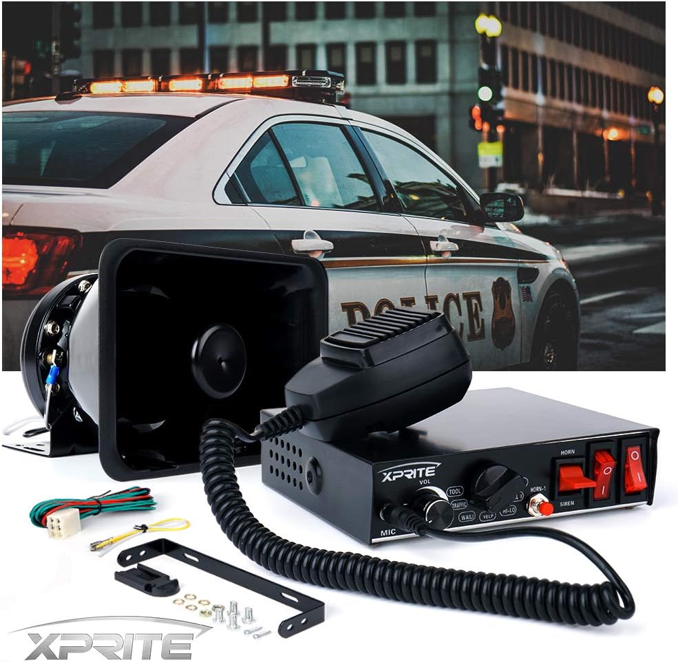 Xprite 200 Watt 8 Tones Emergency Warning Siren Speaker PA System Kit w/Handheld Microphone & Light Control Switches for Police Cars Pack of 2