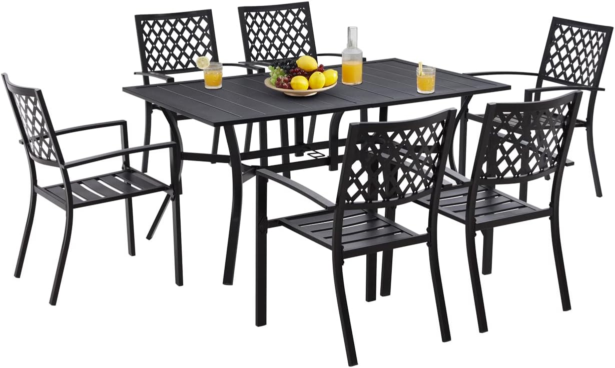 VICLLAX 7 Piece Outdoor Dining Furniture Set for 6 Stackable Metal Patio Chairs and Rectangle Patio Table Set