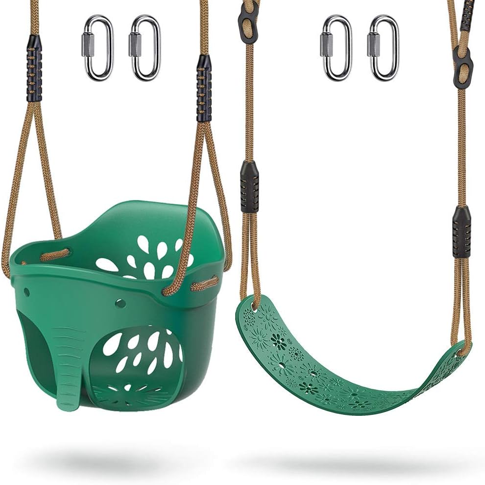 Dolibest High Back Full Bucket Toddler Swing Seat with Adjustable Rope, Cute Elephant Playground Swing Set Accessories Replacement, 600LB Weight Limit, 2 Carabiners, Green Pack of 2