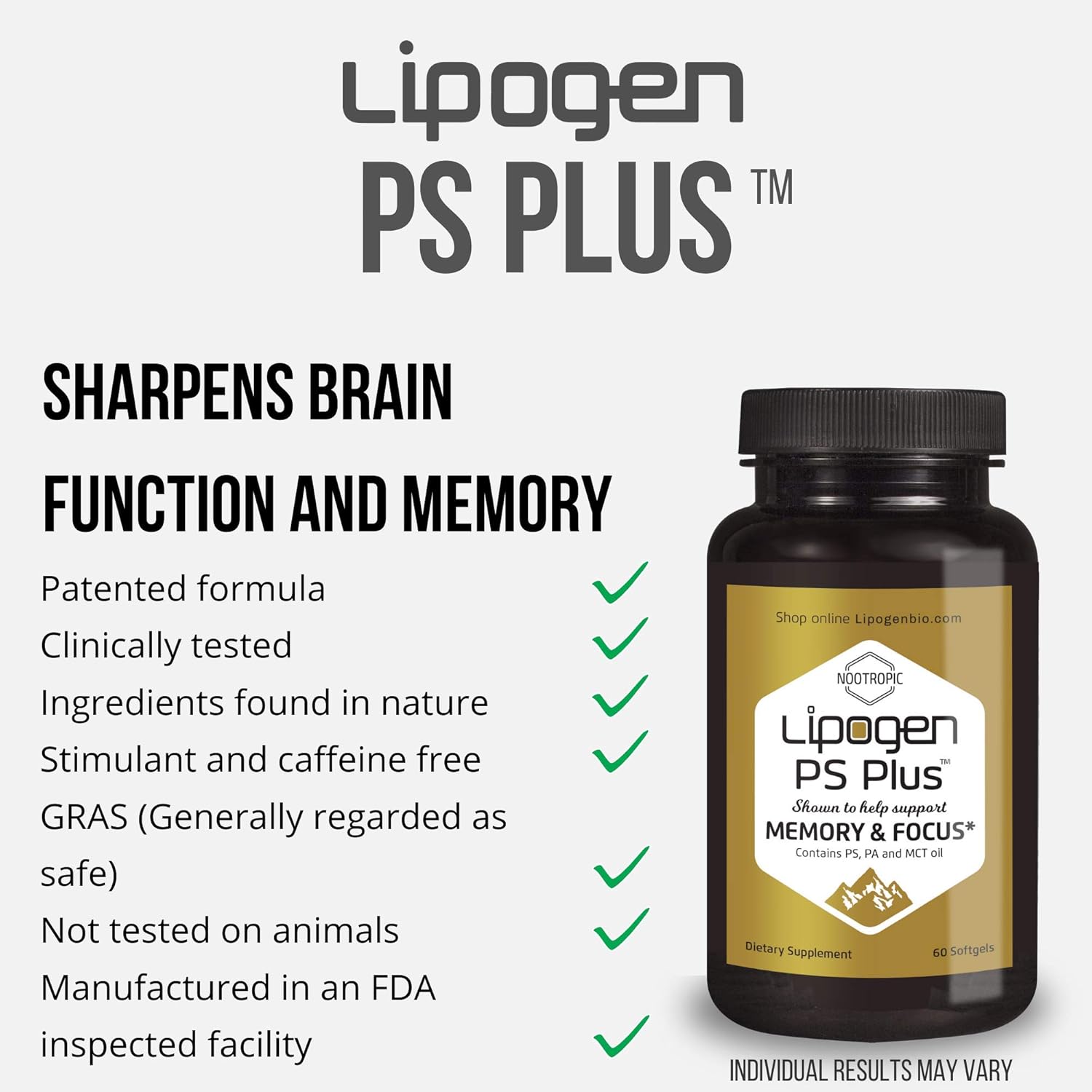 Lipogen PS Plus - Memory and Focus Supplement for Seniors - Brain Booster - Scientifically Formulated to Enhance Brain Health. Clinically Proven Formula - Memory Supplement. (60 Softgels) Pack of 2
