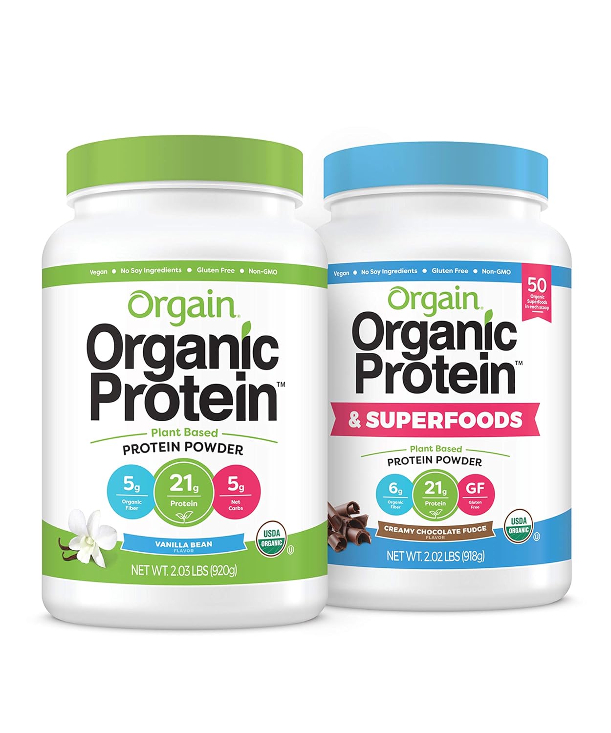 Orgain Bundle - Vanilla Protein Powder and Chocolate Protein & Superfoods Powder - Vegan, Made without Dairy, Gluten and Soy, Non-GMO Pack of 2