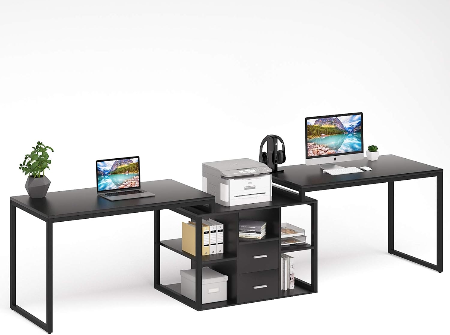 Tribesigns 114 Inch Computer Desk for Two Person, Large Double Workstation with Printer Stand, Extra Long Office Desk with File Cabinet & Open Shelves for Home Office, All Black