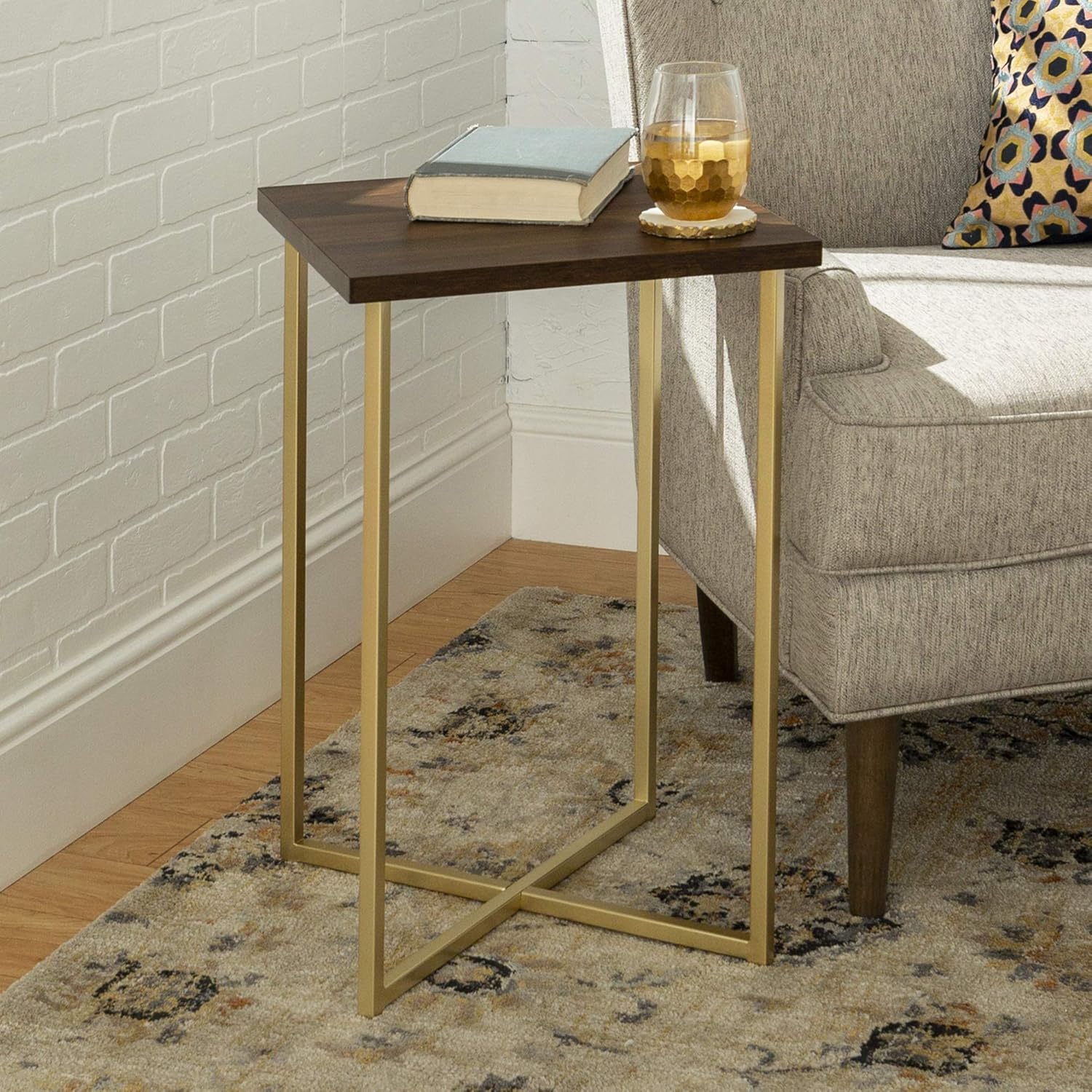 Walker Edison Modern Square Side End Accent Table Living Room Living Room Storage Small End Table, 16 Inch, Marble and Gold
