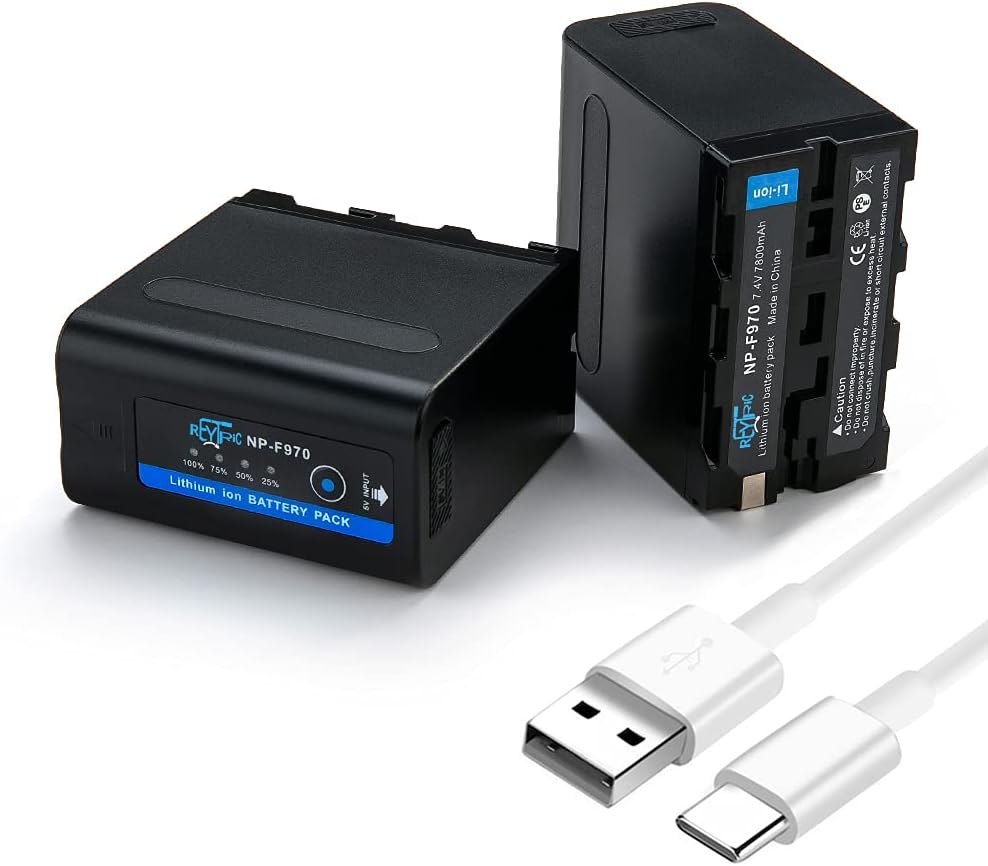 REYTRIC NP-F970 Battery Compatible with DCR-VX2100 DSR-PD150 DSR-PD170 FDR-AX1 HDR-AX2000 HDR-FX1 HDR-FX1000 HVR-HD1000U Video Light F980 F750 F975 F960 NP-F550 7800mAh with USB Output Pack of 2