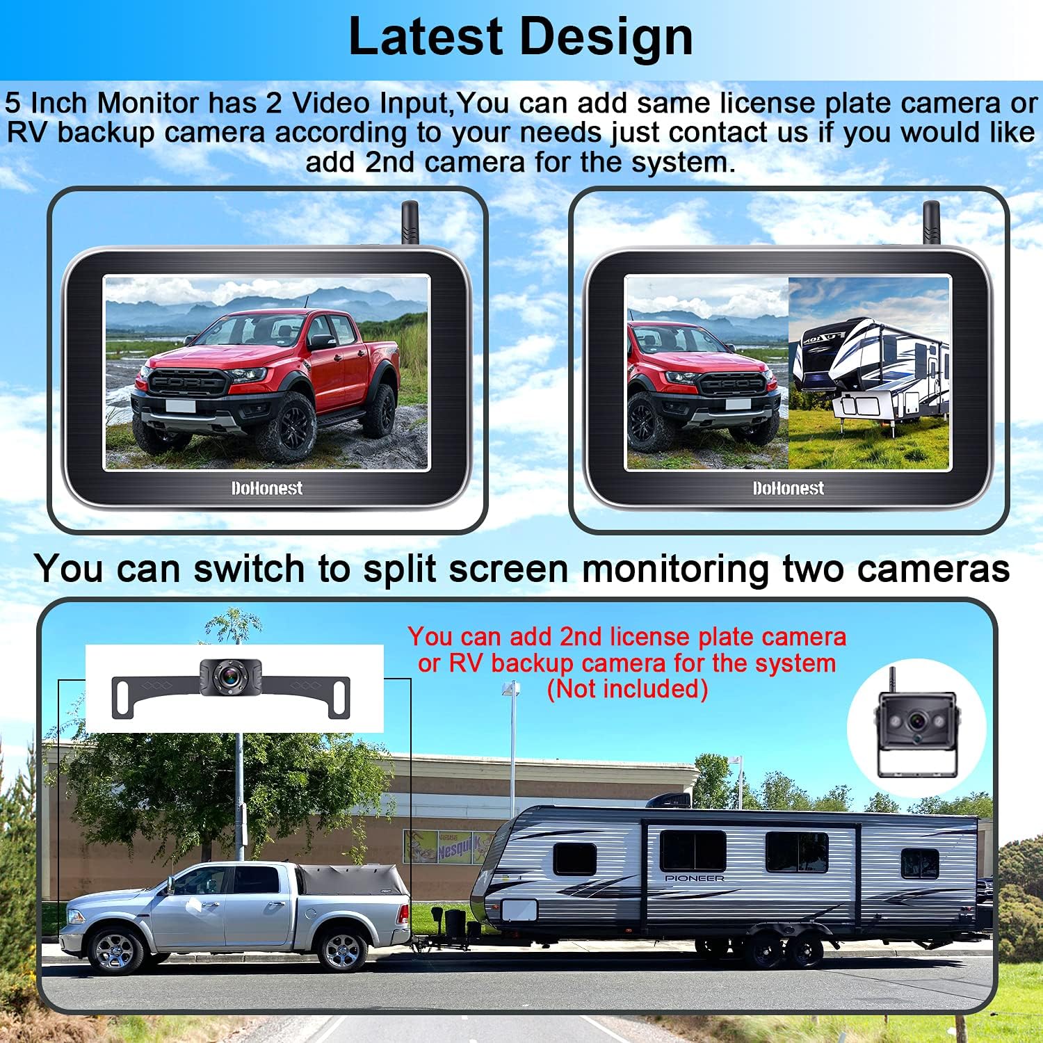 DoHonest Wireless Backup Camera HD 1080P with 5“ Split Screen System for Truck Pickup Car Small RV Bluetooth Backup Camera 2.4G Stable Digital Signal Easy Installation Support Add 2nd RV Camera-V25