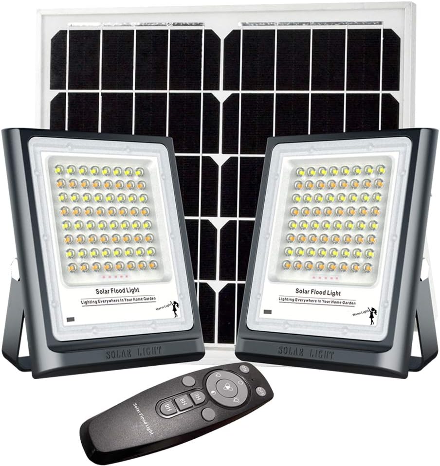 Solar Flood Light Outdoor Dusk to Dawn Dual Head 2 Packs LED Floodlights Auto On/Off with Remote Control Waterproof LED Solar Powered Security Light for Yard Pool Shed Sign Barn Garden Garage
