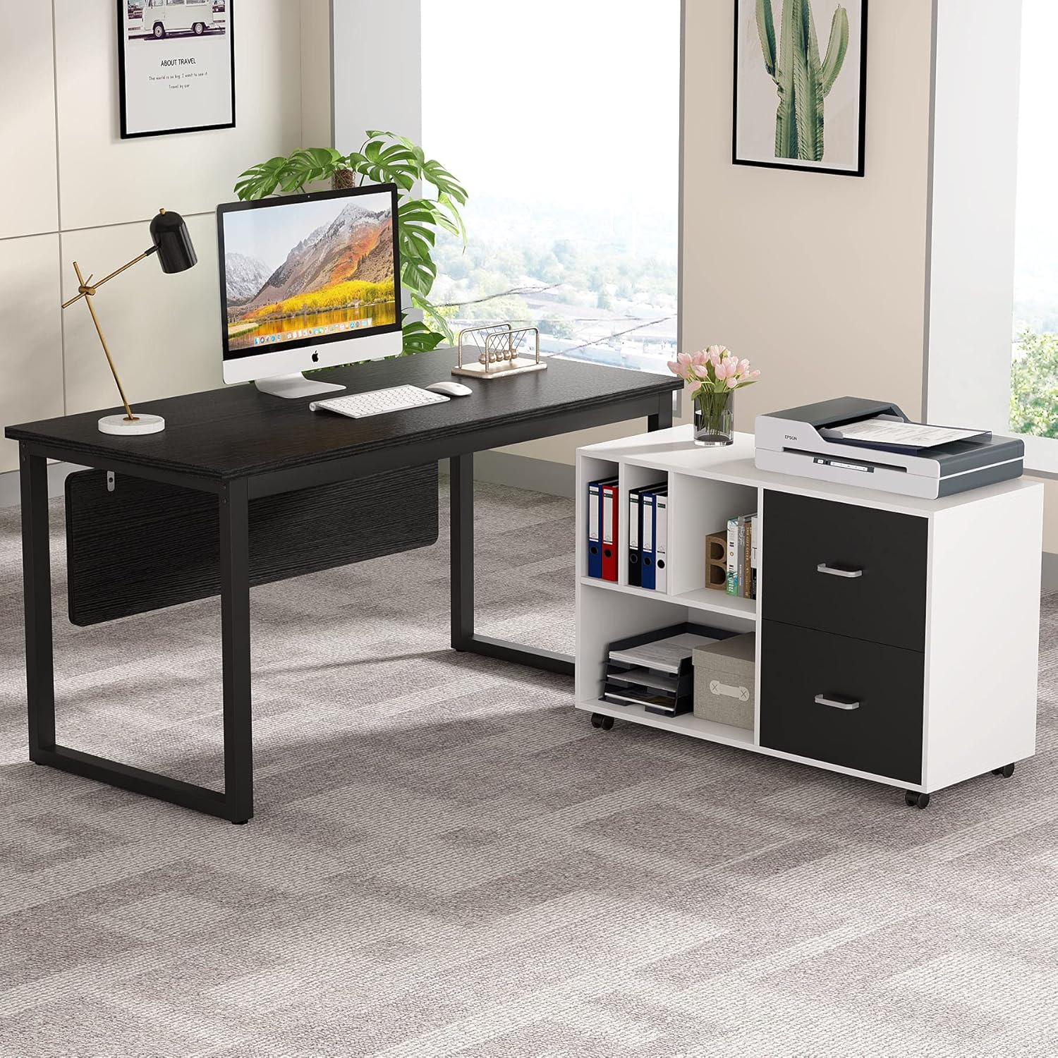 Tribesigns L-Shaped Computer Desk, 55 inch Large Modern Executive Office Desk Business Furniture with 40 inch Lateral Mobile File Cabinet Printer Stand, Legal Size for Home Office (Black/White)