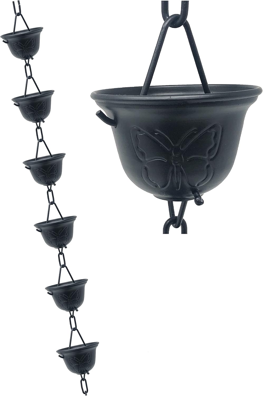 U-nitt Rain Chains, Roof Gutter Downspout/Spout Channel, Rainwater Water Catcher/Diverter, 8.5 feet Length, Metal, Black Powder Coated, Classic Bell, Butterfly Tealight, 3144BLK Pack of 2