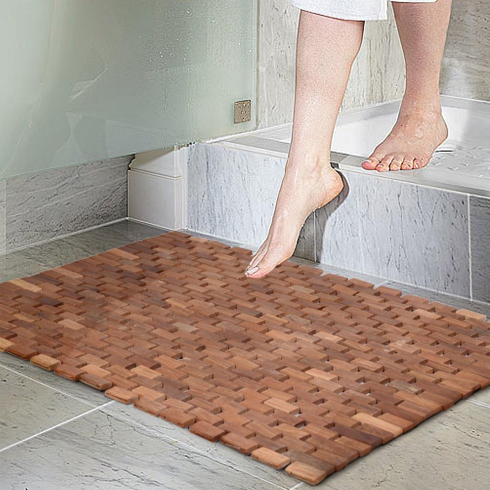 Facilehome Teak Wood Bath Shower Mat for SPA Sauna with Mutiple Silica Gel Feet 27.5X19.7X0.31-Inch Pack of 2