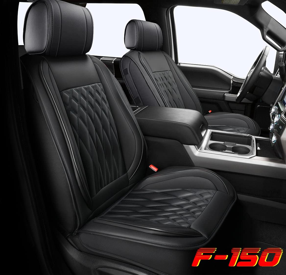 Sunny color 1 Pair Car Seat Covers Front Set with Waterproof Leather for Cars SUV Pick-up Truck Fit for 2009 to 2021 Ford F150 and 2017 to 2021 F250 F350 F450 Interior Accessories(Black-Red Line)