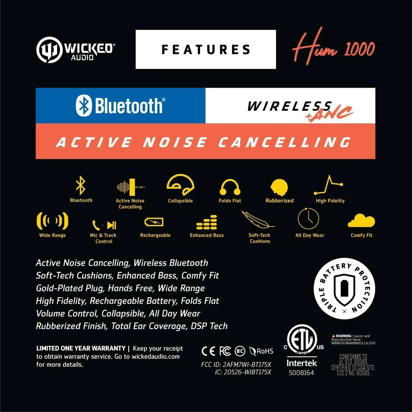 Wicked Audio Hum 1000 Active Noise Cancelling Wireless Bluetooth Headphones