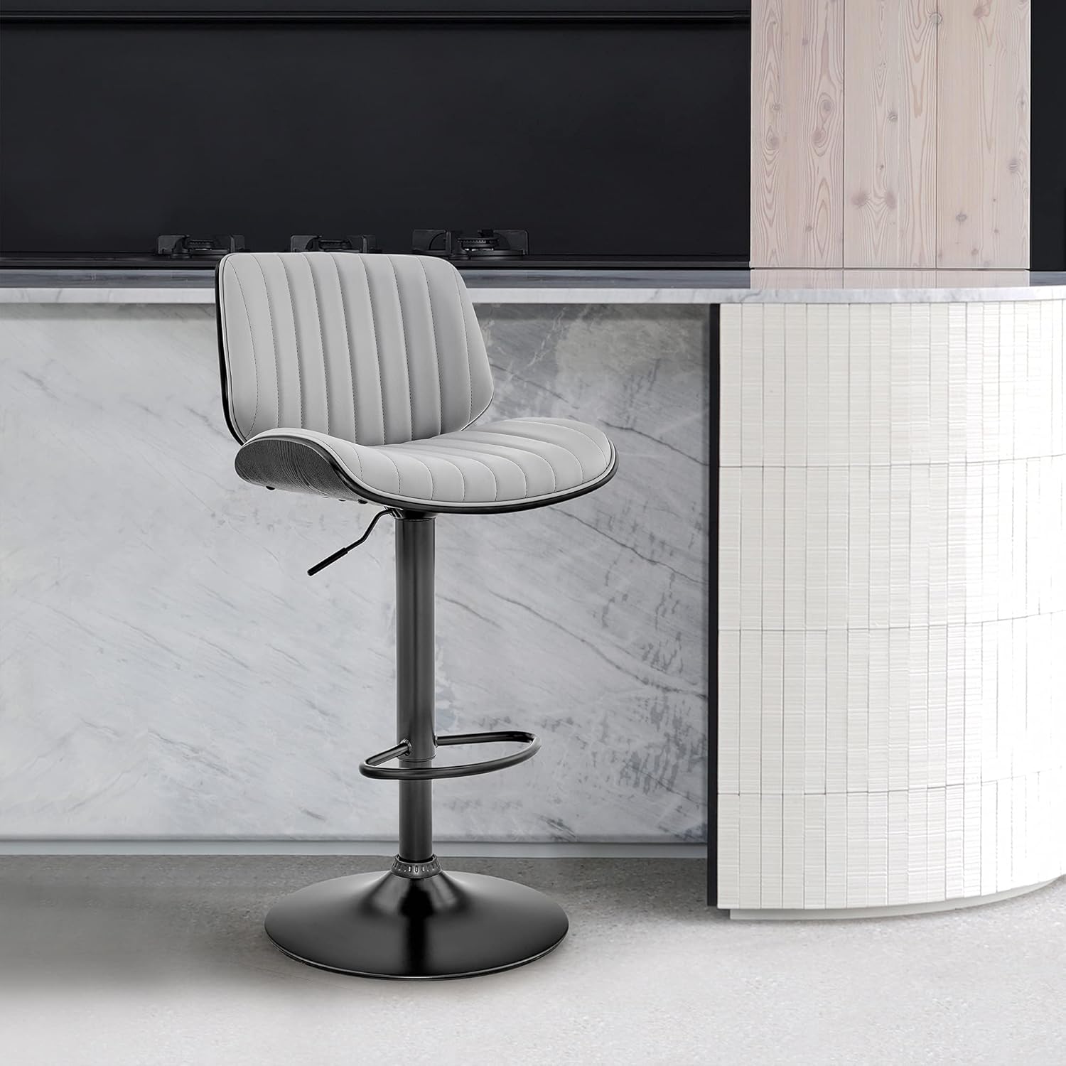 Brock Adjustable Grey Faux Leather and Walnut Wood with Black Finish Bar Stool