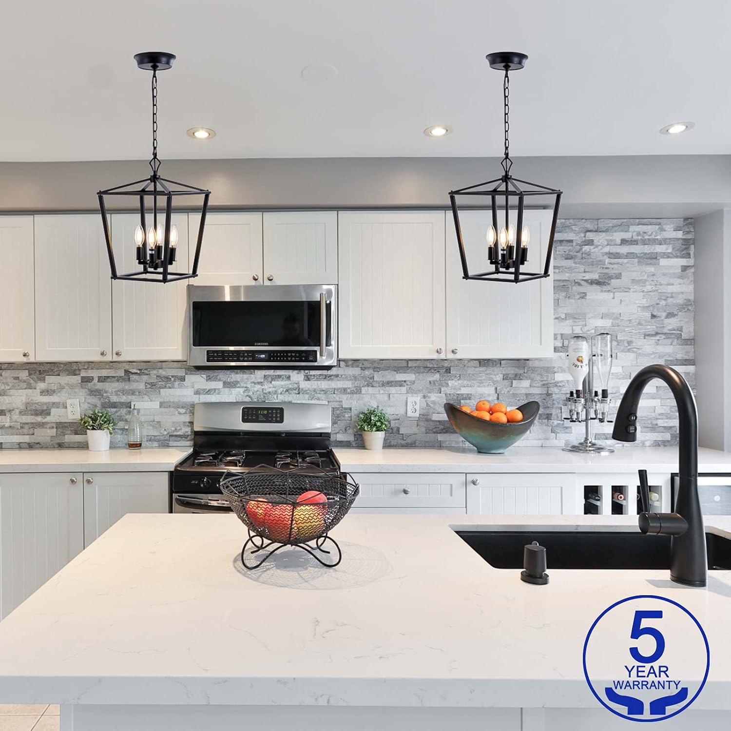 Black Pendant Lighting for Kitchen Island,Farmhouse Deco Chandelier Light Fixture,4-Lights Square,Adjustable Height Lantern Lights for Bedroom Dining Room Foyer Entryway,Dimmable,by IYFLLIM