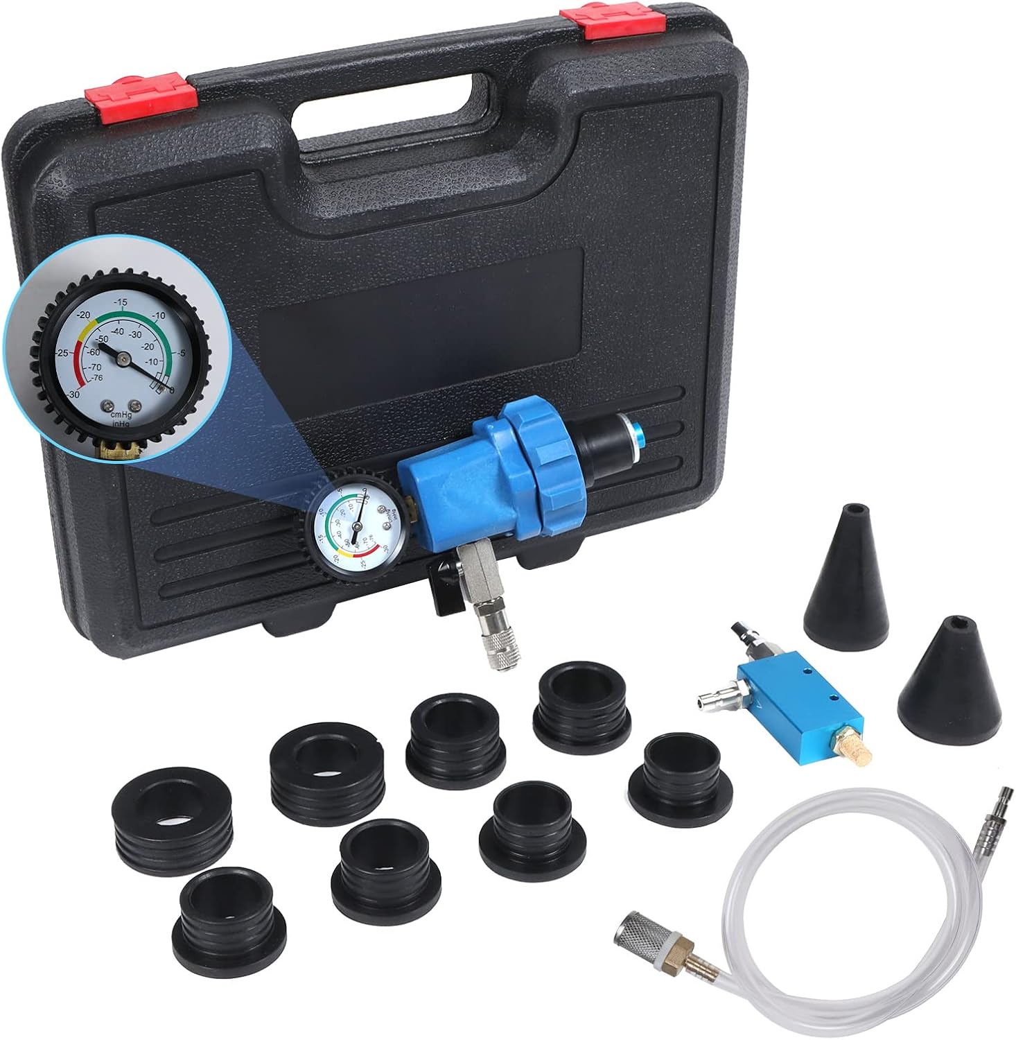 MOTOCOCHE Coolant Vacuum Refill Kit with 2 Tapered Rubber Adapters, Cooling System Vacuum Purge & Refill Kit Compatible with Porsche etc. with 8 Replaceable Adapter Sleeves (35mm 40mm 45mm 55mm)