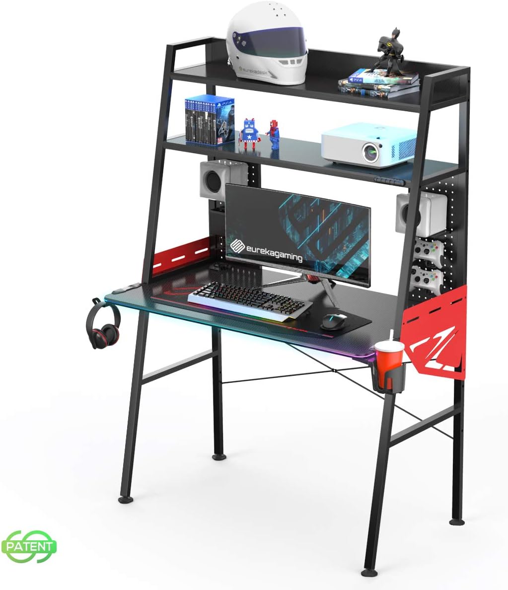 EUREKA ERGONOMIC 43 Inch Black RGB LED Gaming Ladder Desk, Home Office Computer Desks with Hutch for Small Spaces 2 Tier Storage Book Shelves Pegboard Organizer & Accessories Cup Holder Headphone Hook