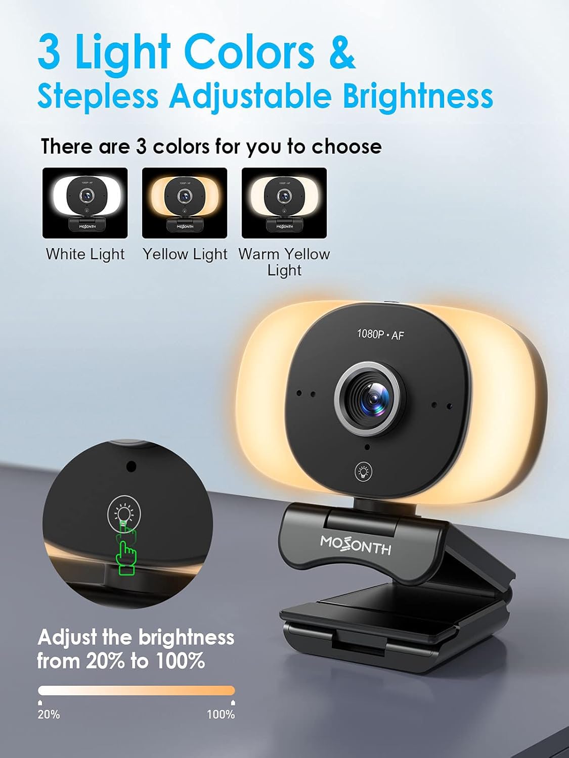 MOSONTH 60FPS 1080P Webcam with Microphone,Autofocus Computer Camera with 3 Light Colors,Adjustable Brightness,Web Camera with Built-in Privacy Cover,Tripod,Streaming Webcam for Conferencing,Teaching