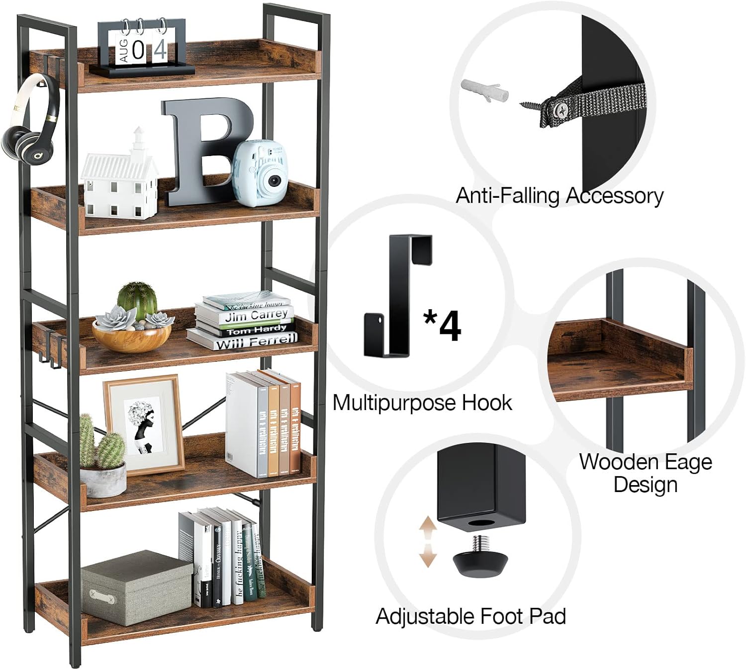 Rolanstar 5 Tier Bookshelf, Industrial Wood Bookcase with 4 Hooks, Vintage Storage Rack with Open Shelves, Rustic Standing Bookshelves Metal Frame Display Rack for Living Room,Bedroom, Rustic Brown