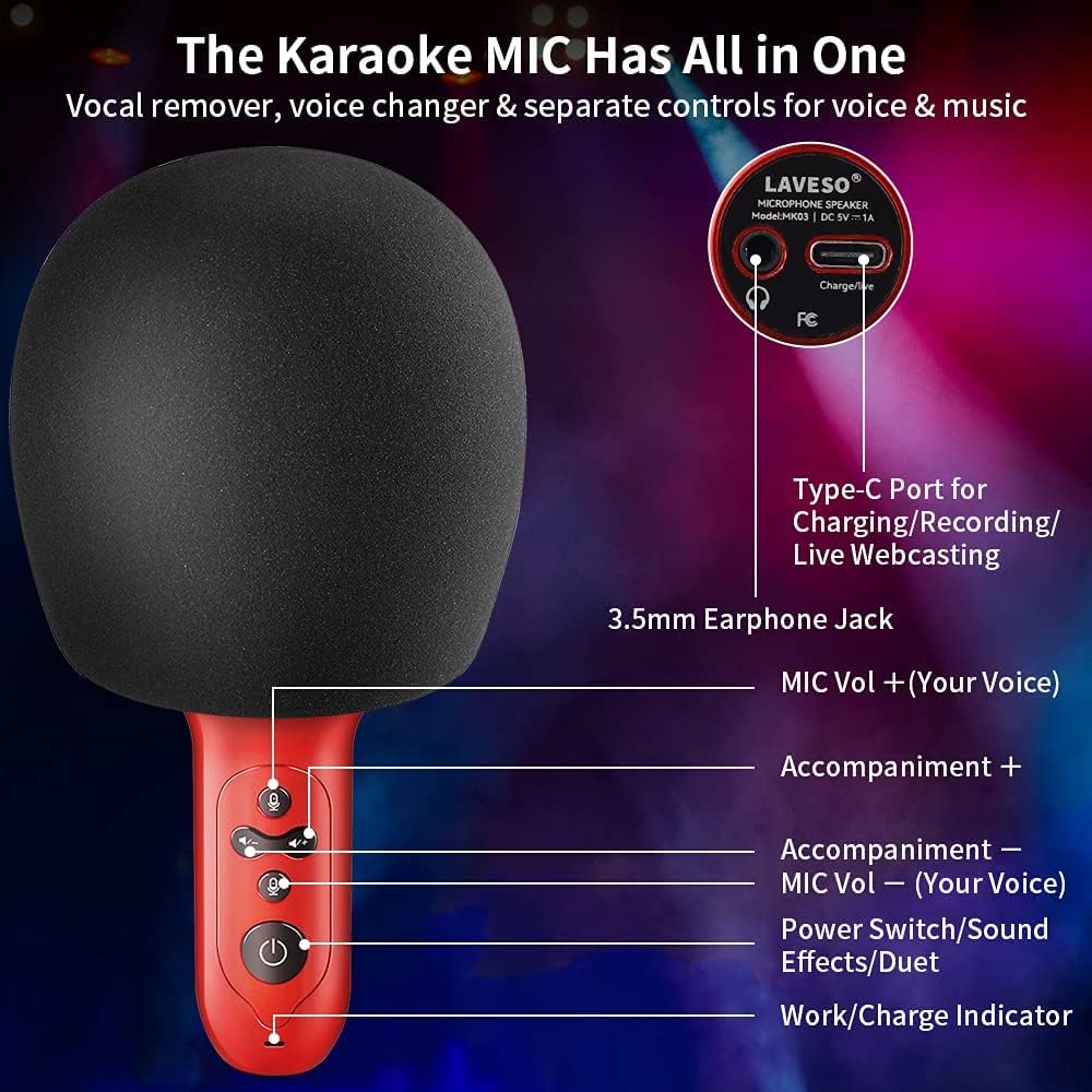 LAVESO Karaoke Microphone, Handheld Wireless Microphones for Adults, Voice Changer Microphone for Singing, Bluetooth Karaoke Mic for Kids, Portable Microphone with Speaker for Car/Party/KTV/Home Pack of 2