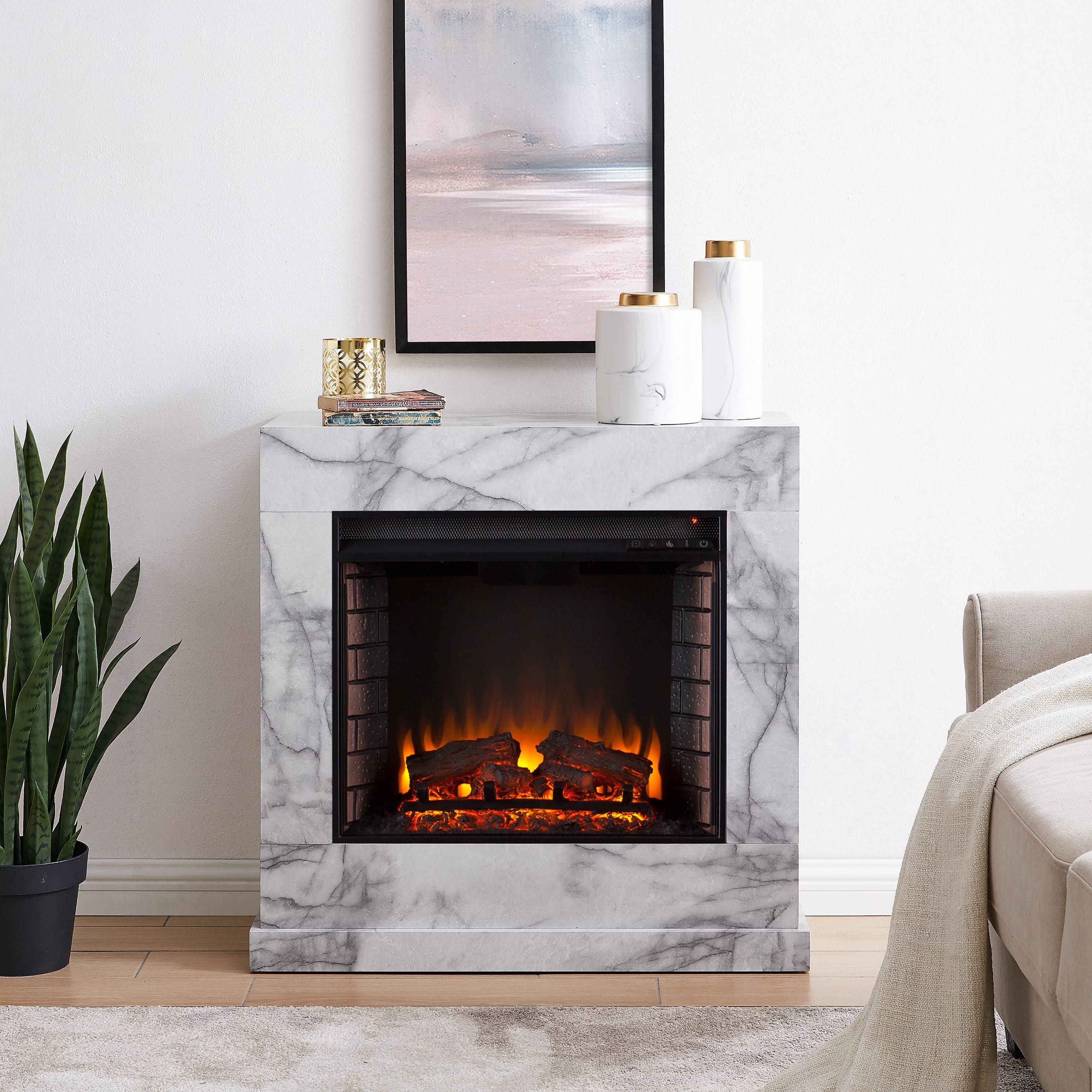 Harper BLVD Dejon Contemporary White Stone Electric Fireplace - N/A - White w/ Brick Accent Firebox