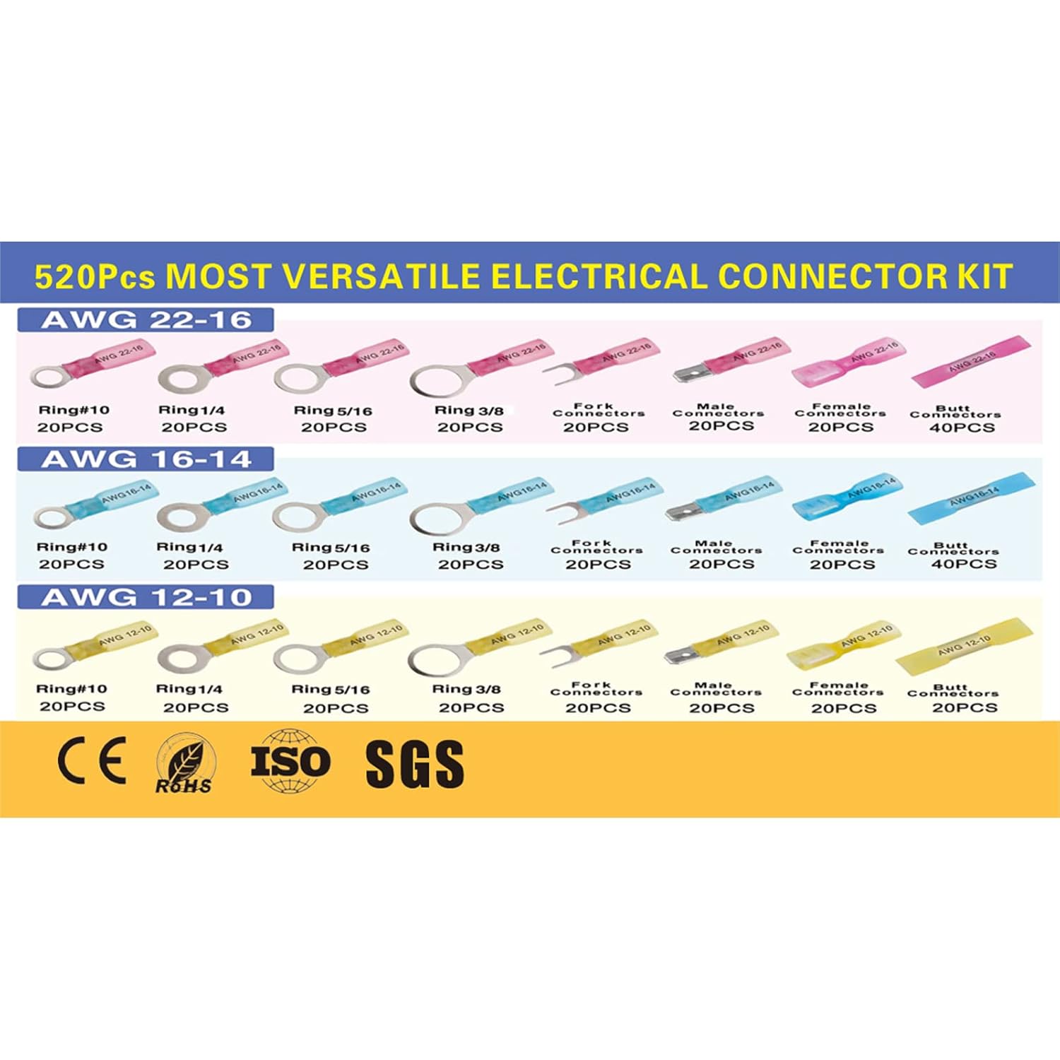 520PCS Insulated Waterproof Heat shrinkable Wire connectors,crimps Fork Connector,Terminal Assortment kit,Marine Wire terminals,Heat Shrink connectors Pack of 2