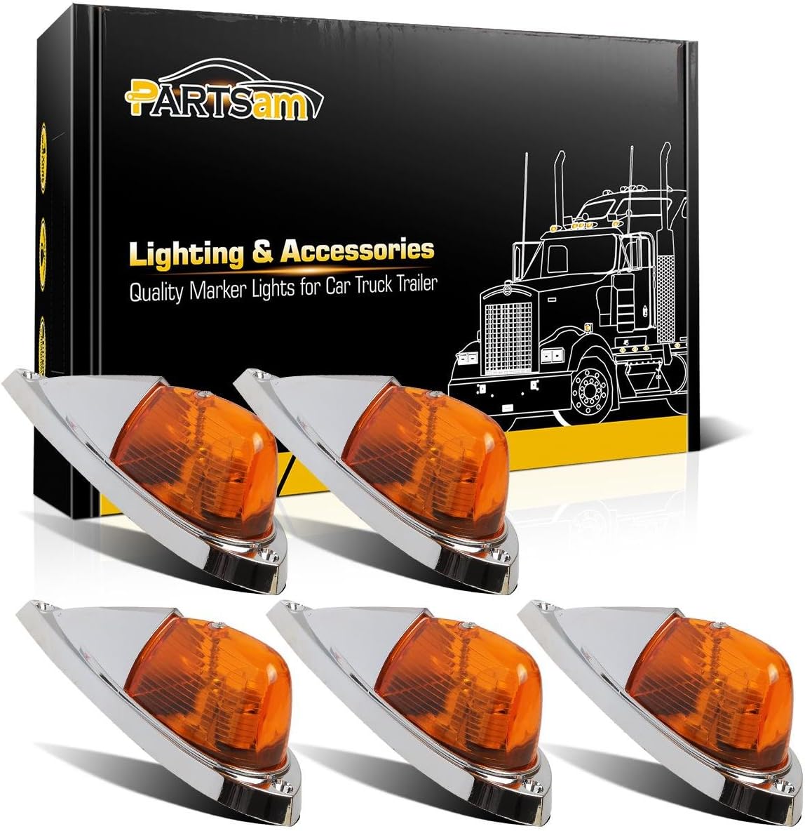 Partsam 5X Amber Cab Marker Top Roof Running Lights Kit Universal Teardrop Style Cab Light Compatible with Kenworth/Peterbilt/Freightliner/Mack/Western Star Truck Trailer