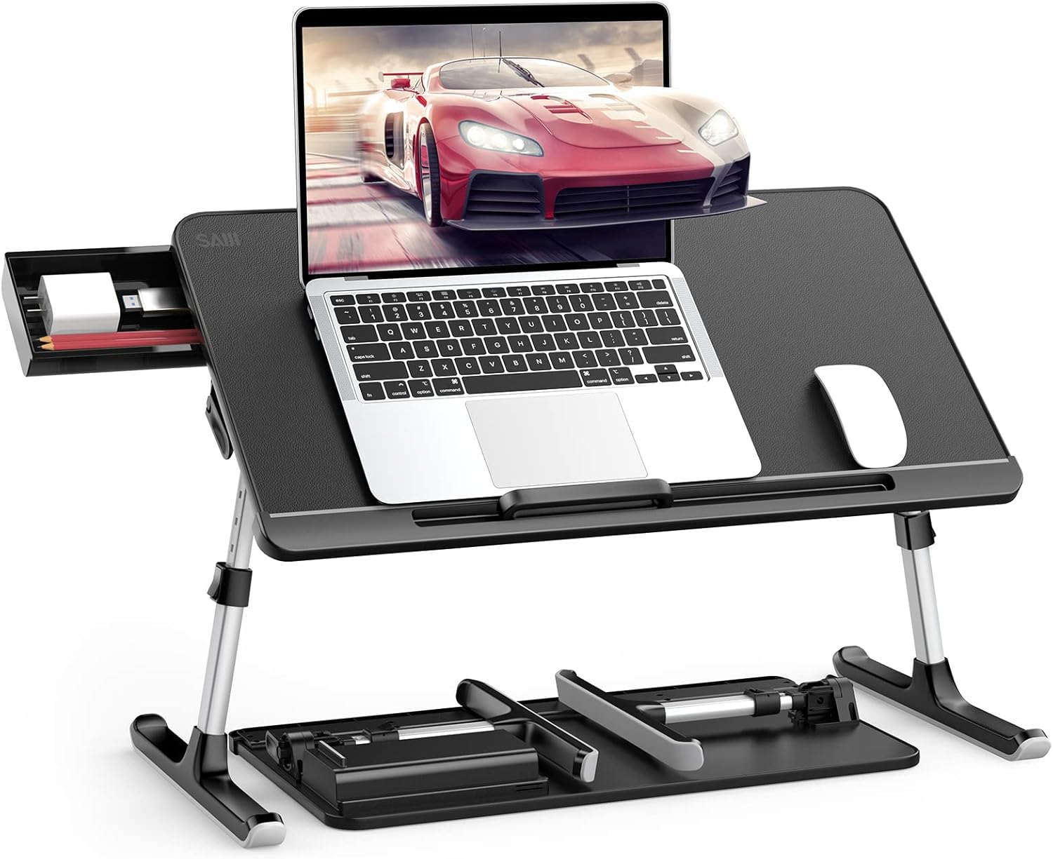 SAIJI Laptop Bed Tray Desk, Adjustable Foldable Table Stand with Storage Drawer for Couch Floor Eating, Working, Writing, PVC Leather Non-Slip Table Top，Sled Legs Design,Fit with 17