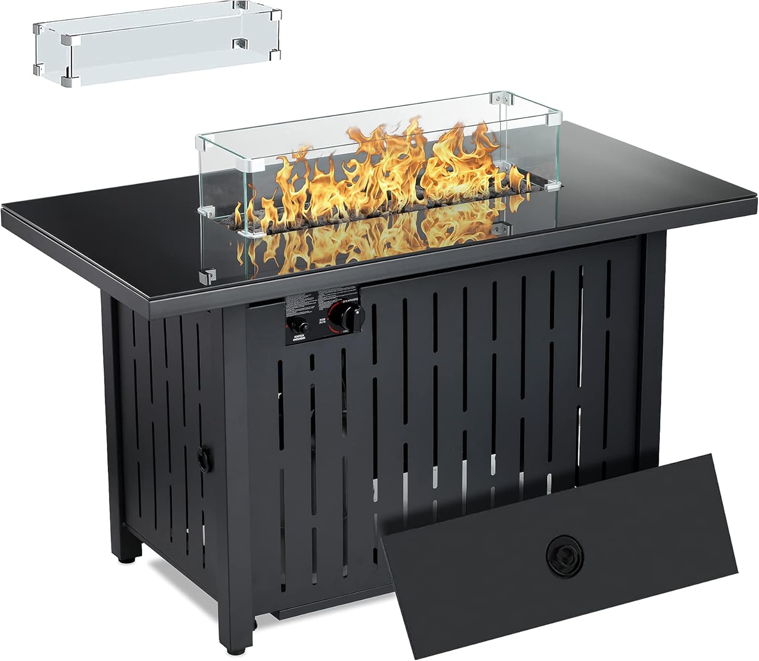 CUREALLSO Propane Gas Fire Pit Table, 43 Inch 50,000 BTU Rattan Look Auto-Ignition Outdoor Fire Tables, with Glass Wind Guard ,Waterproof Cover,CSA Approved for Garden Patio Backyard Deck Poolside