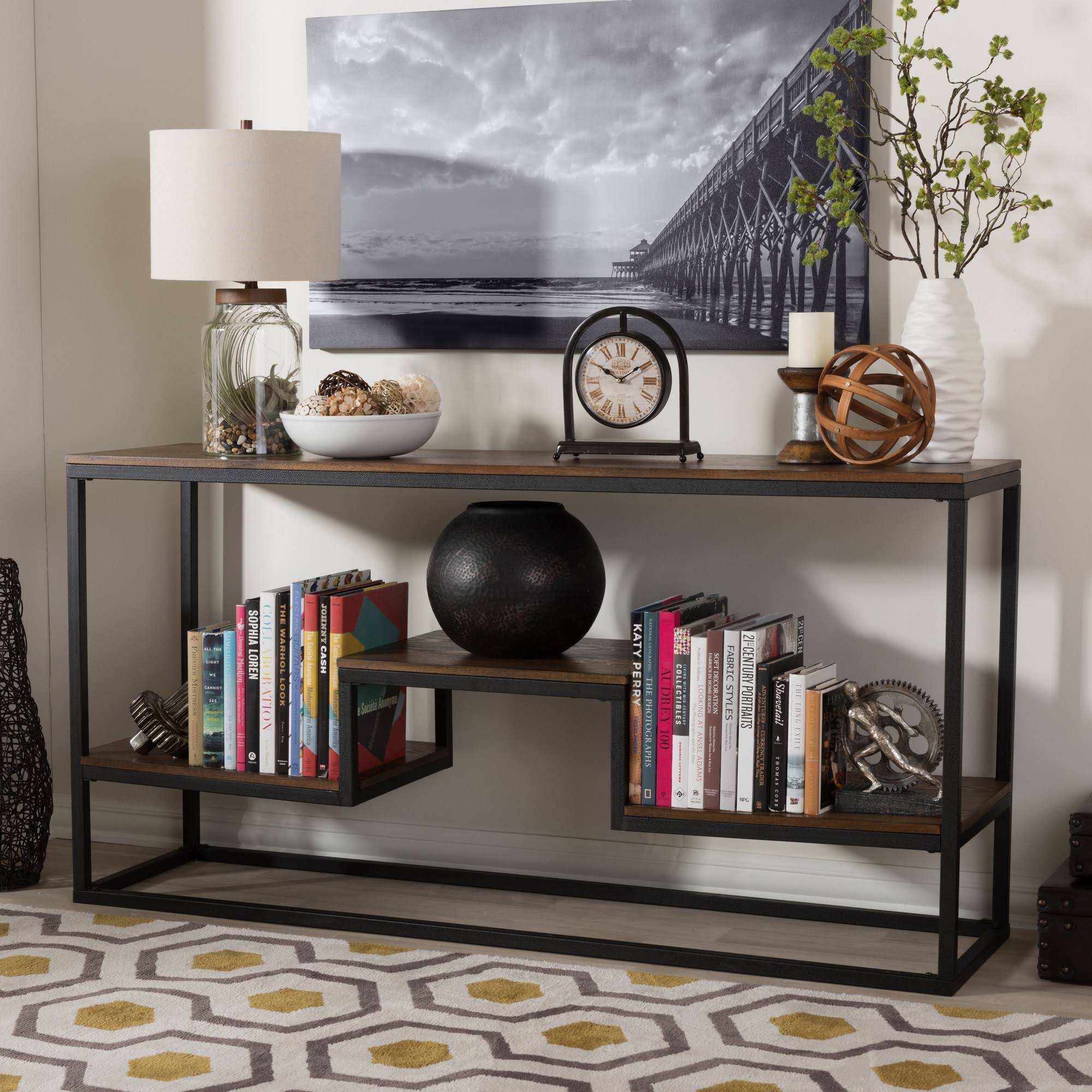 Baxton Studio Makedon Rustic Industrial Style Antique Black Textured Finished Metal Distressed Wood Console Table (sofa Table)