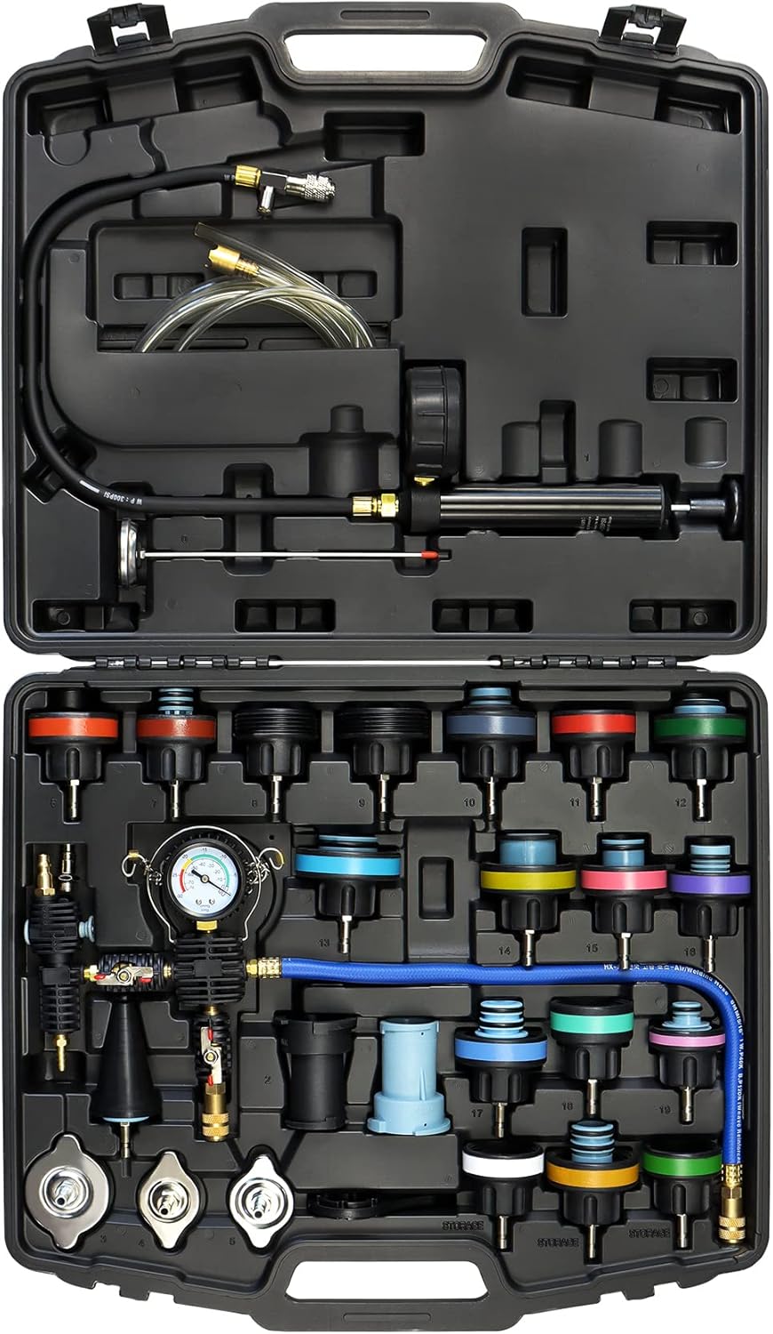 JIFEHO 28PCS Auto Cooling System Pressure Tester and Coolant Refill Tool Kit, Automotive Radiator Leak Test Hand Pump & Pneumatic Vacuum Type Filling Filler Tool Set for Car Truck Airlift, Black Case