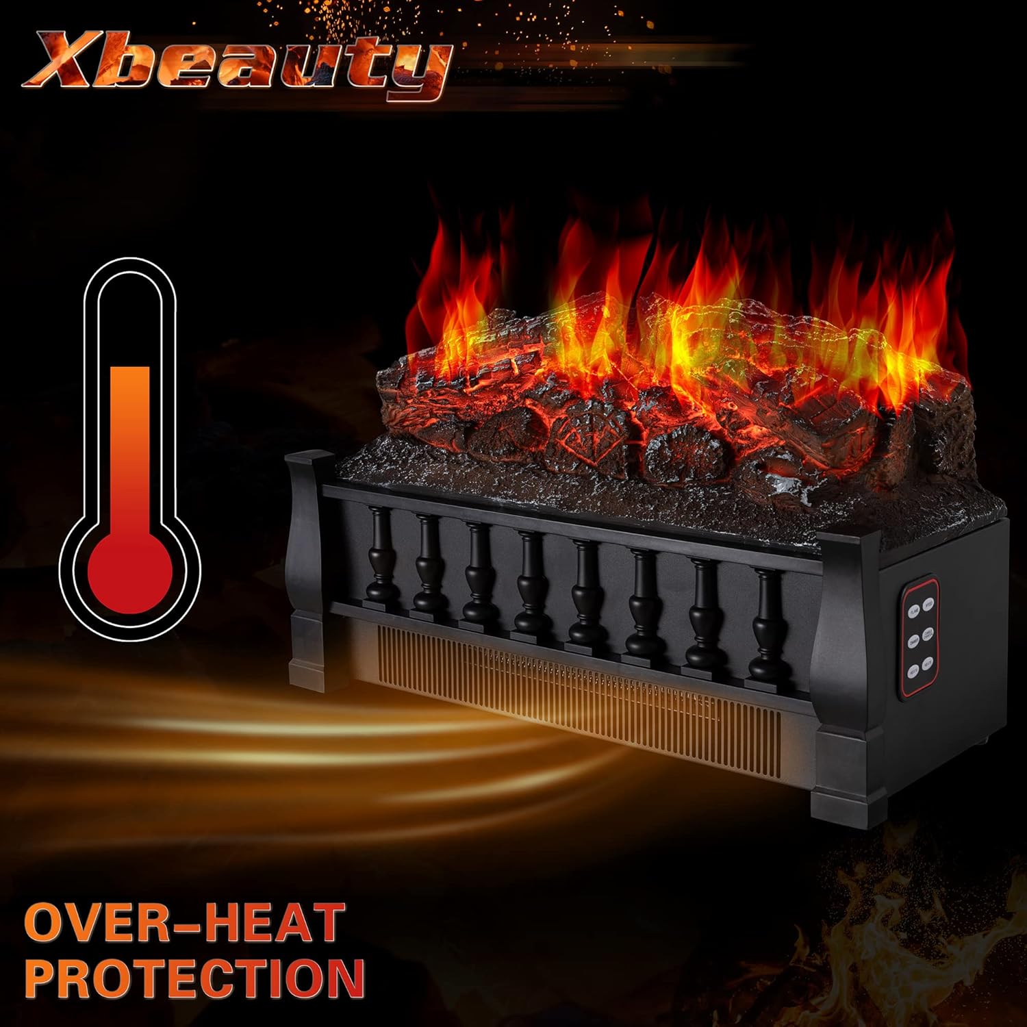 Xbeauty Electric Fireplace Log, Electric Fireplace Log Set Heater with Remote Control, Realistic Flame&Ember Bed, Portable, Infrared, Thermostat, Overheating Safety System, 750W/1500W