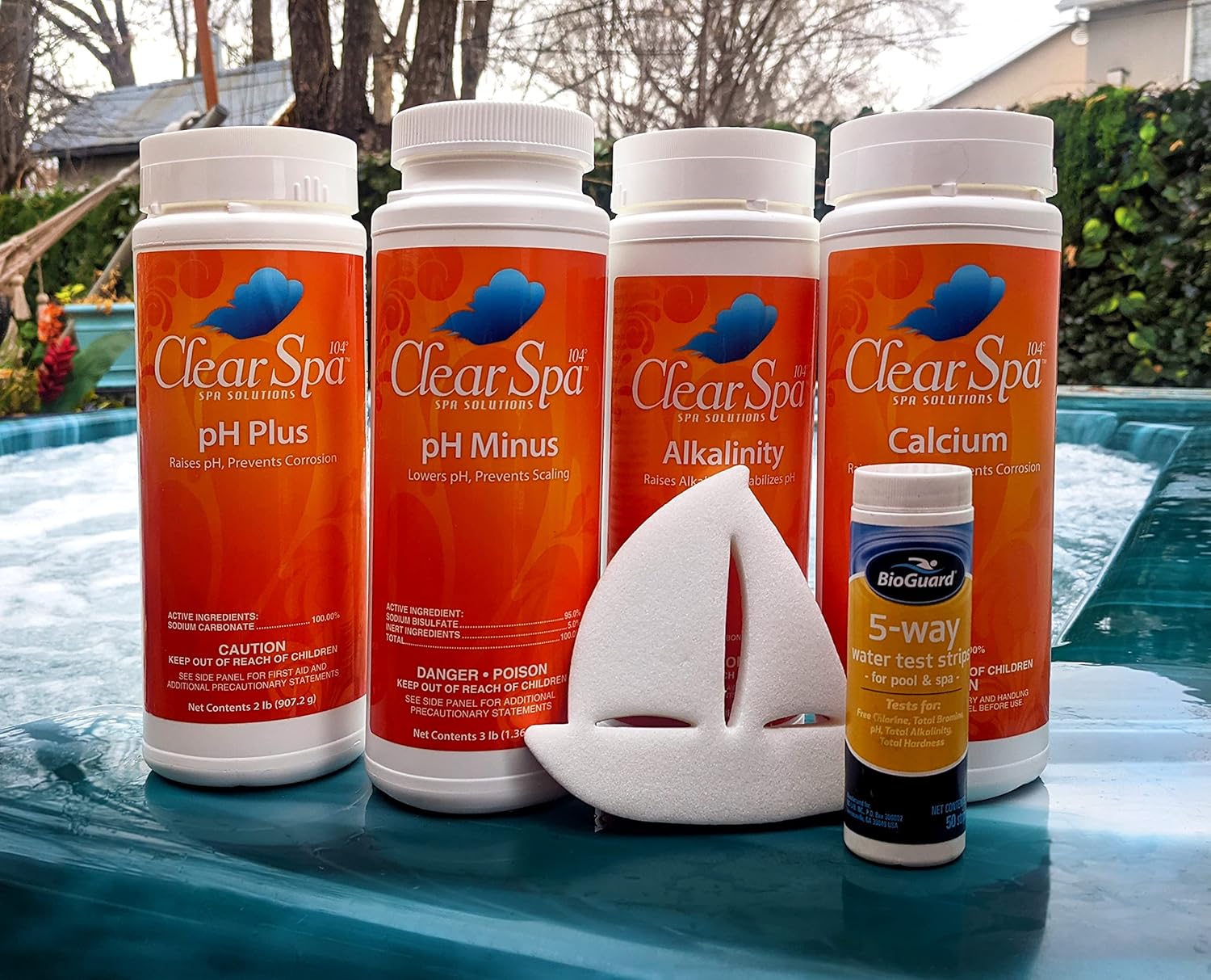 Clear Spa Hot Tub Balancing Chemical Bundle Includes pH Plus, pH Minus, Alkalinity, Calcium, Test Strips, ScumBoat, and Hot Tub Care Guide E-Book Pack of 2