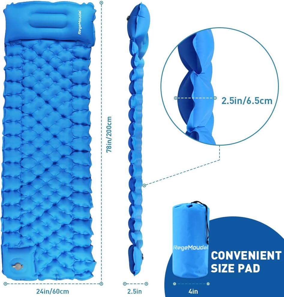 Inflatable Sleeping Pad for Camping,FondRun Ultralight Waterproof Sleeping Mat w/Pillow, Foot Pump Quick Inflation & Deflation, Thick Air Mattress for Backpacking Hiking Tent Travel
